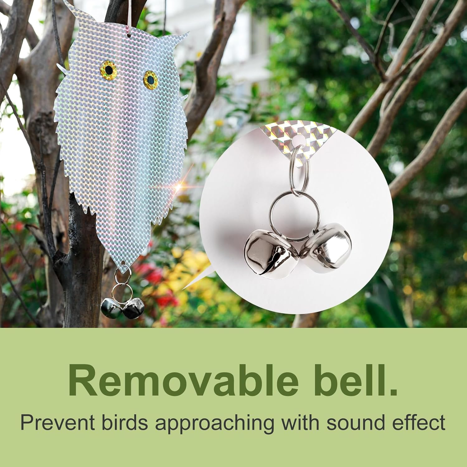 OFFO Owl Decoy for Pigeon Deterrent Hanging Outdoors Reflective Plastic Owls to Scare Pigeons to Keep Birds Away on Gardens with Bells 1 Pcs+ 2Pcs Bird Scare Rods image number 6