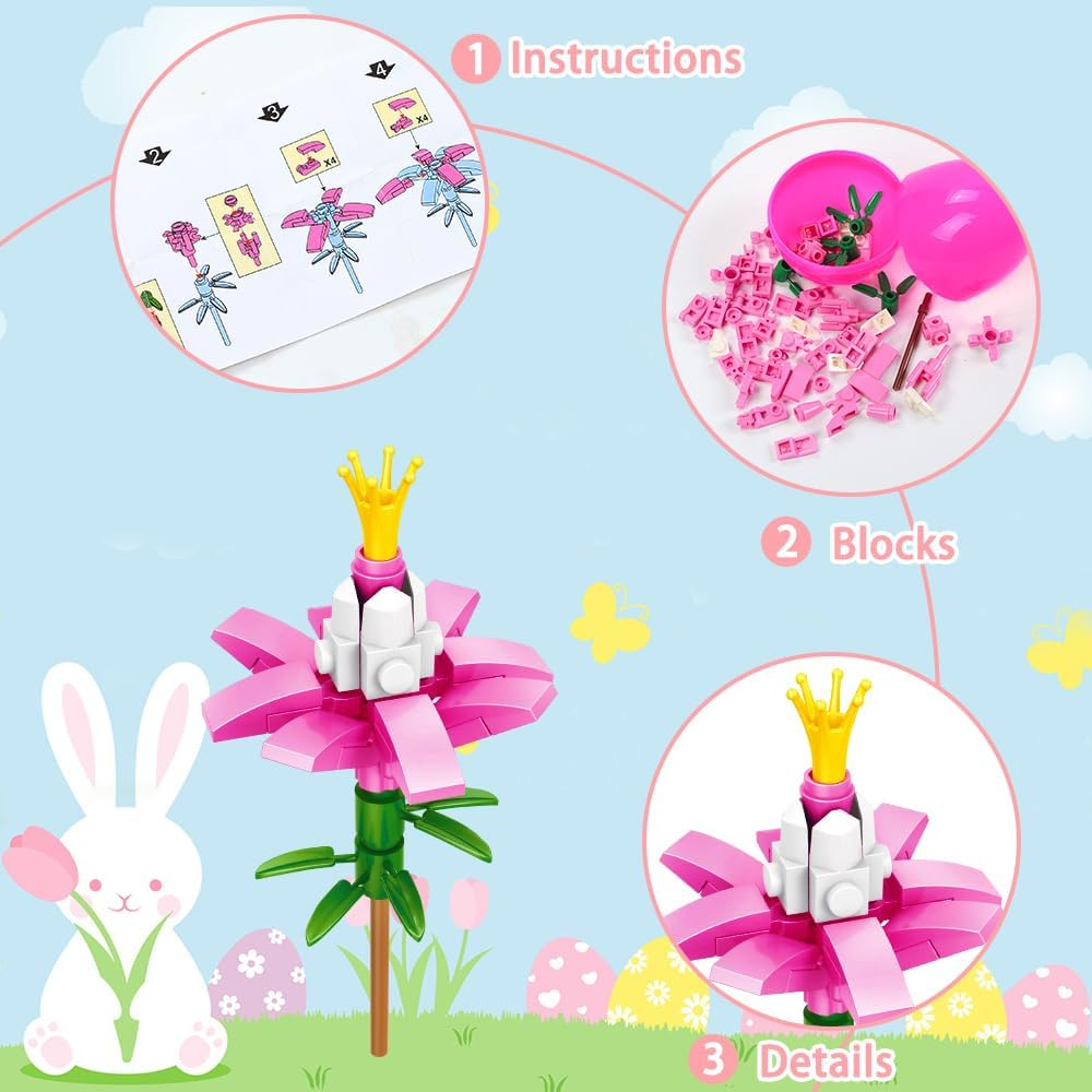 DIYDEC 12PCS Easter Flower Building Blocks with Easter Eggs Toys Building Brick Blocks for Party Favor Easter Basket Stuffers Toys Stacking Block Sets for Kids Adults Classroom Prizes Gifts image number 5