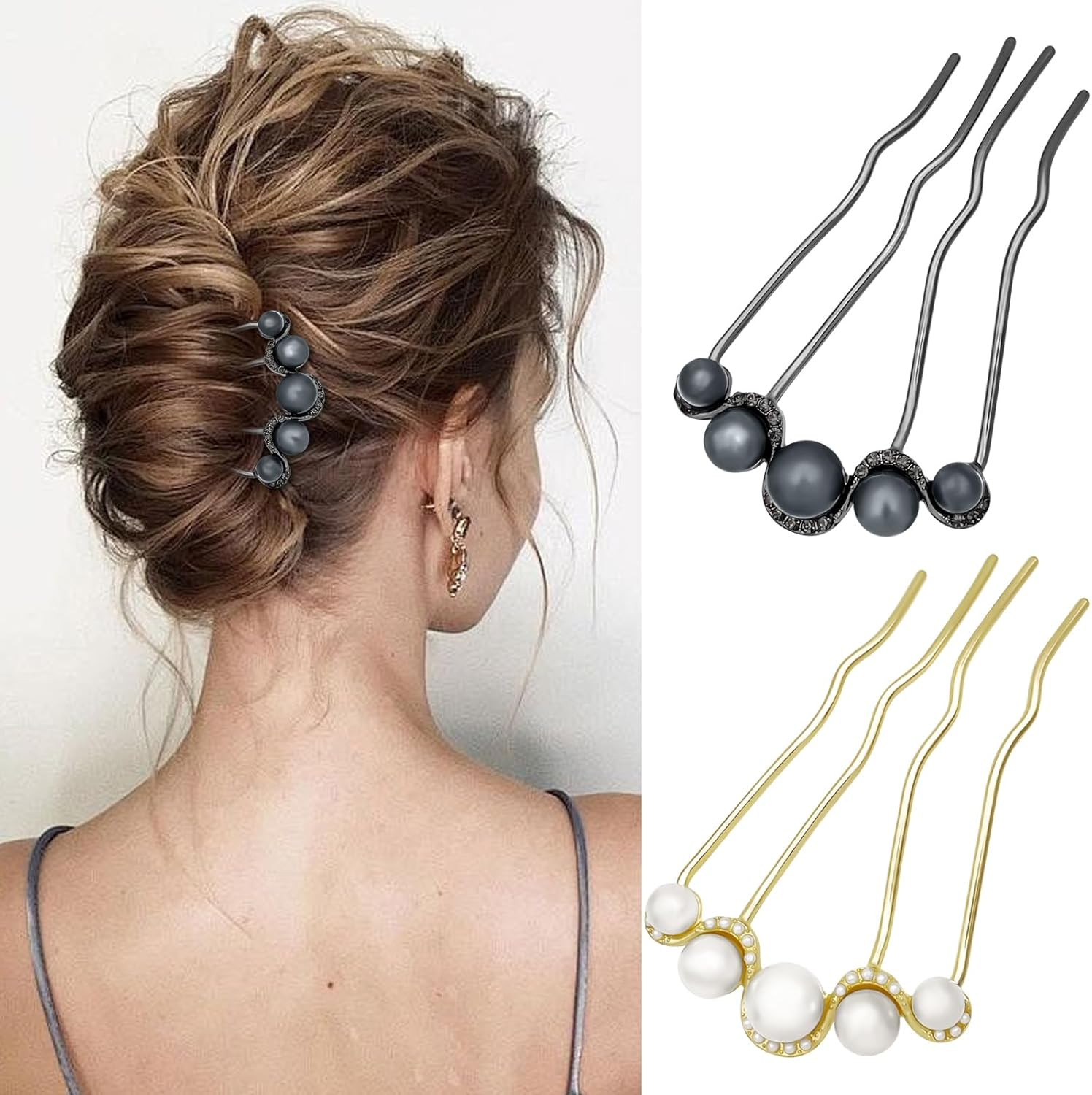 4Pcs Pearls Twist Hair Pins French U Shape Hair Side Combs Metal Hair Fork Decorative Hairpins Updo Hair Sticks Clip Accessories for Wedding Brides Bridal Bridesmaids Women Girls image number 4