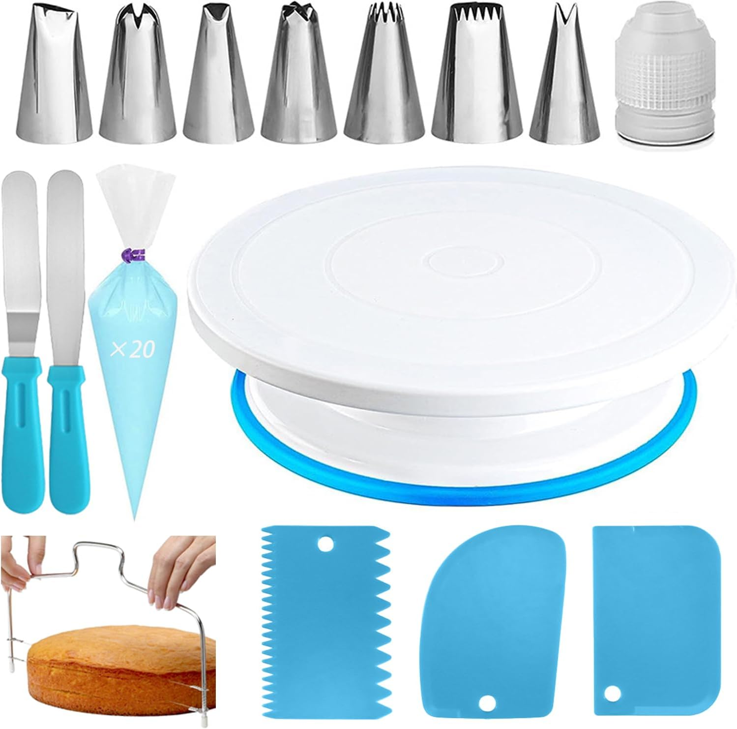 Cake Decorating Kit, 35PCS Cake Decorating Supplies, 11-Inch Rotating Cake Turntable, 7 Piping Tips, 2 Icing Spatulas & 3 Scrapers (Pink)