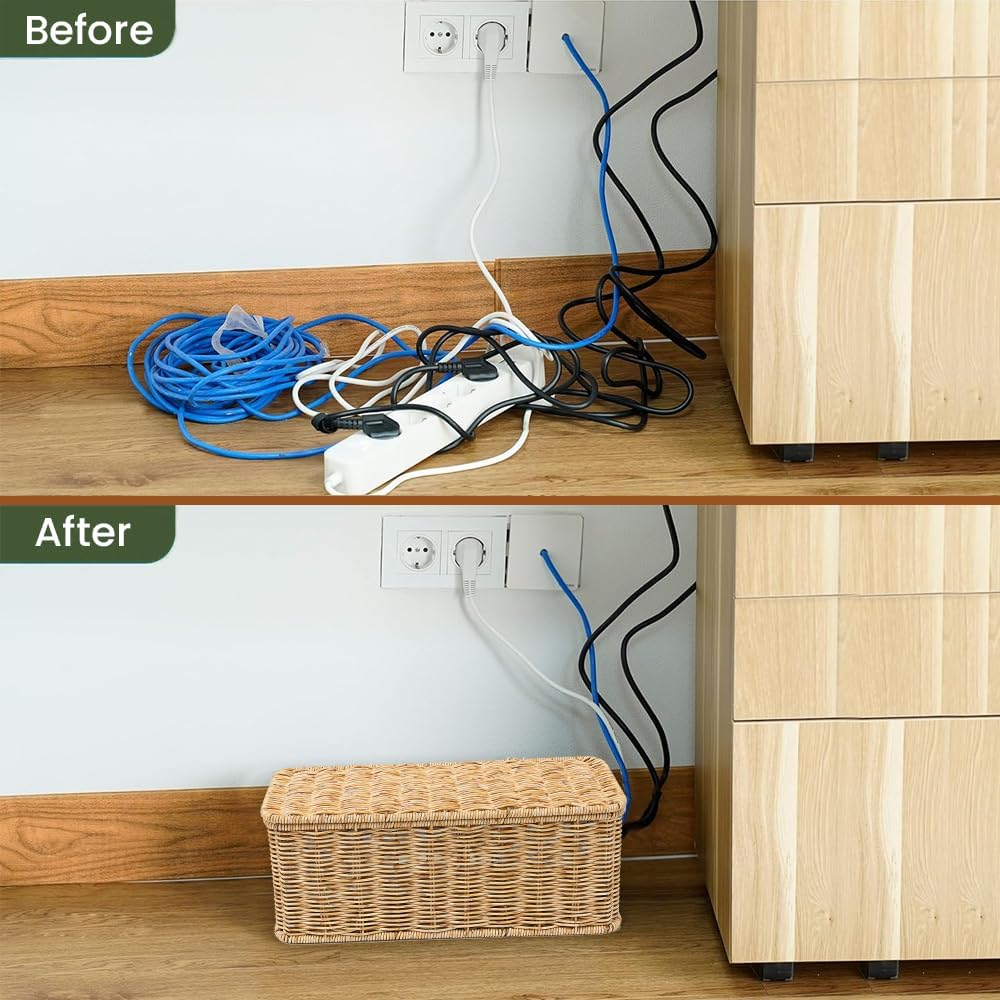 Cable Management Box, Handmade Rattan Cable Organizer, 2 Open Slots Cords Hider Box, under Desk Cord Organizer for Computer Router USB Hub & Power Strip, Patent Pending, 13" X 5.1" X 5.1", Natural image number 4
