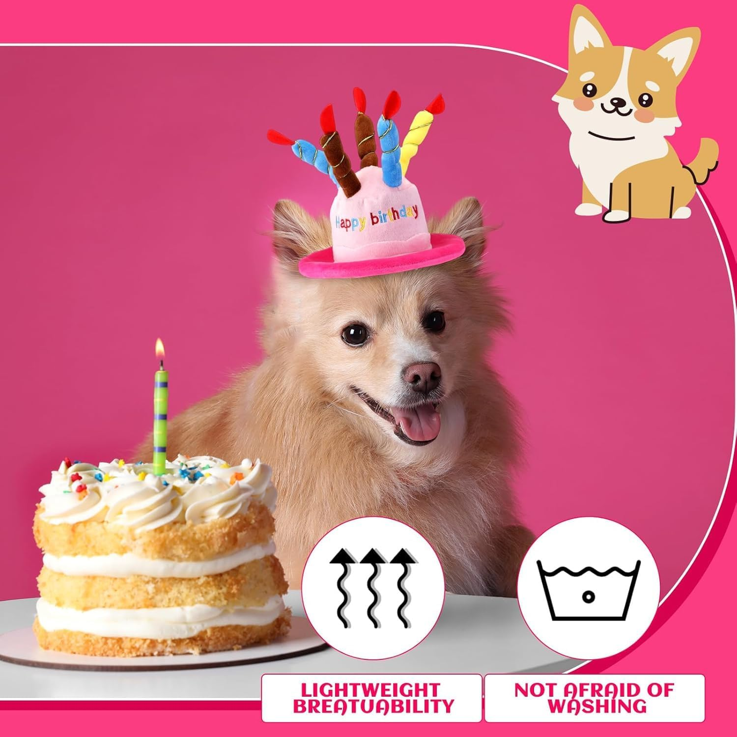 2 Pack Cute Dog Cat Birthday Cake Hat with Colorful Candles Adjustable Strap for Pet Birthday Party Supplies Decorations One Size Fits Most（Pink and Blue） image number 2