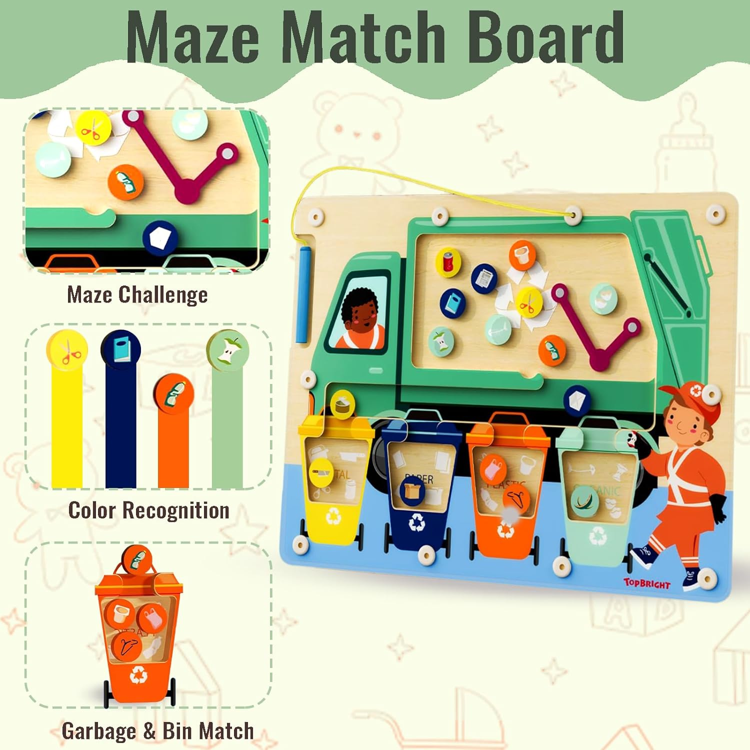 TOP BRIGHT Magnetic Color Maze Sorting Game Montessori Toys for 3+ Year Old, Wooden Garbage Magnet Educational Learning Toys, Toddler Travel Toys Fine Motor Skills for Boys Girls Gift image number 1
