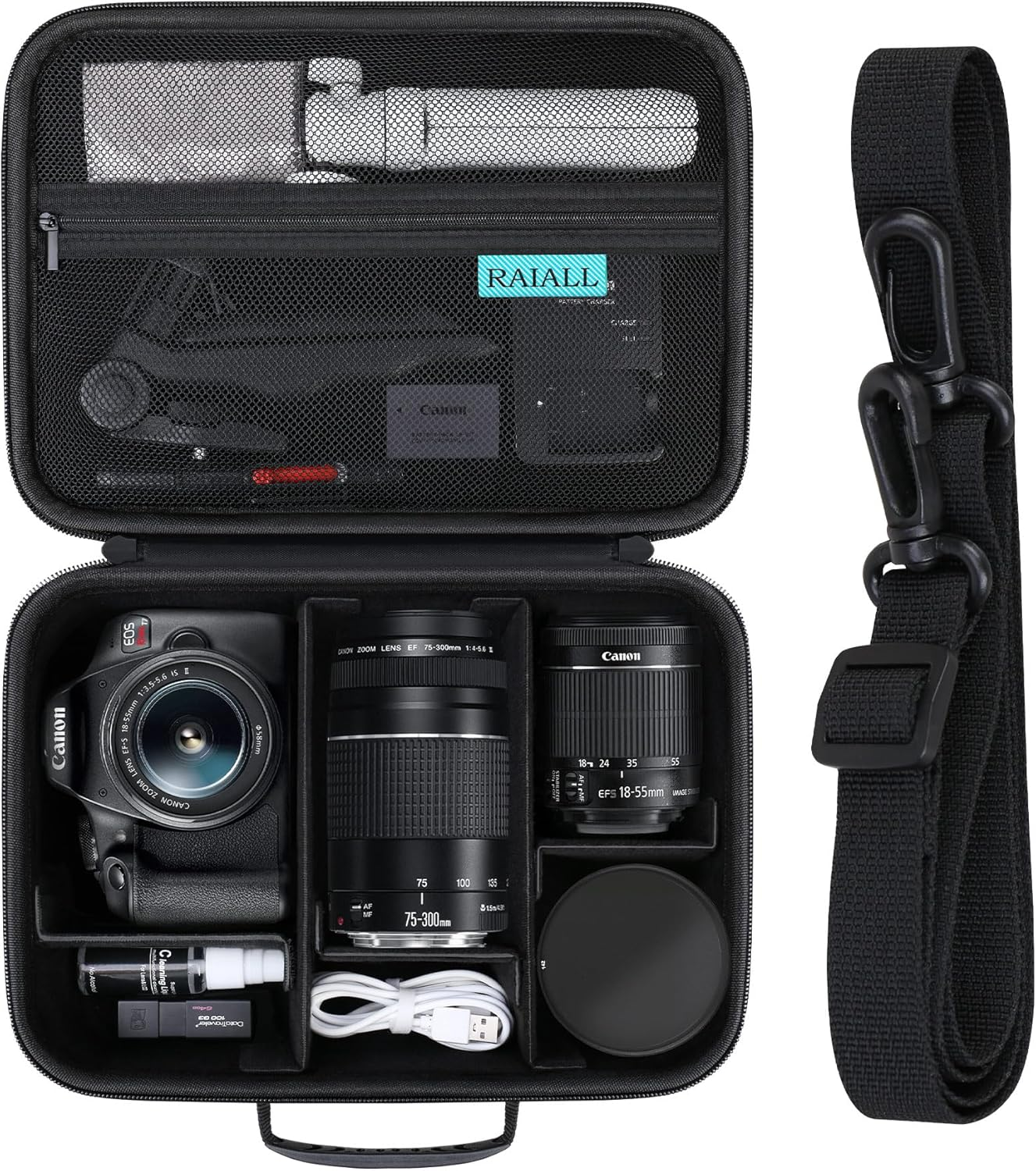 RAIALL Camera Case for Canon EOS Rebel T7/ R100/ R50V/ R50/ R5/ R6 Mark II/ R7/ R8/ 90D/ 5D Mark IV DSLR Camera, Lens, Tripod, Hard Protective Travel Bag with a Shoulder Strap and 5 Dividers, Black image number 2
