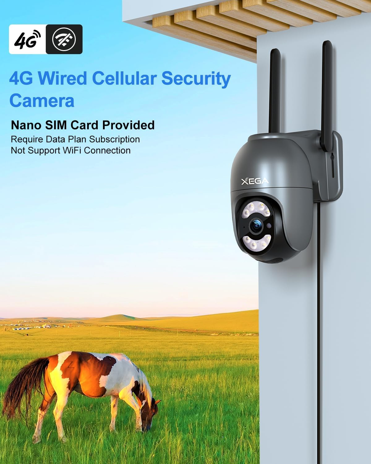 Xega 4G LTE Security Camera Outdoor with SIM Card【Plug in 24/7 Recording】 2K Wired 4G No Wifi Security Camera, IP PTZ CCTV Auto Tracking Human Detection Spotlight Siren Alert TF Cloud Storage IP66 image number 5