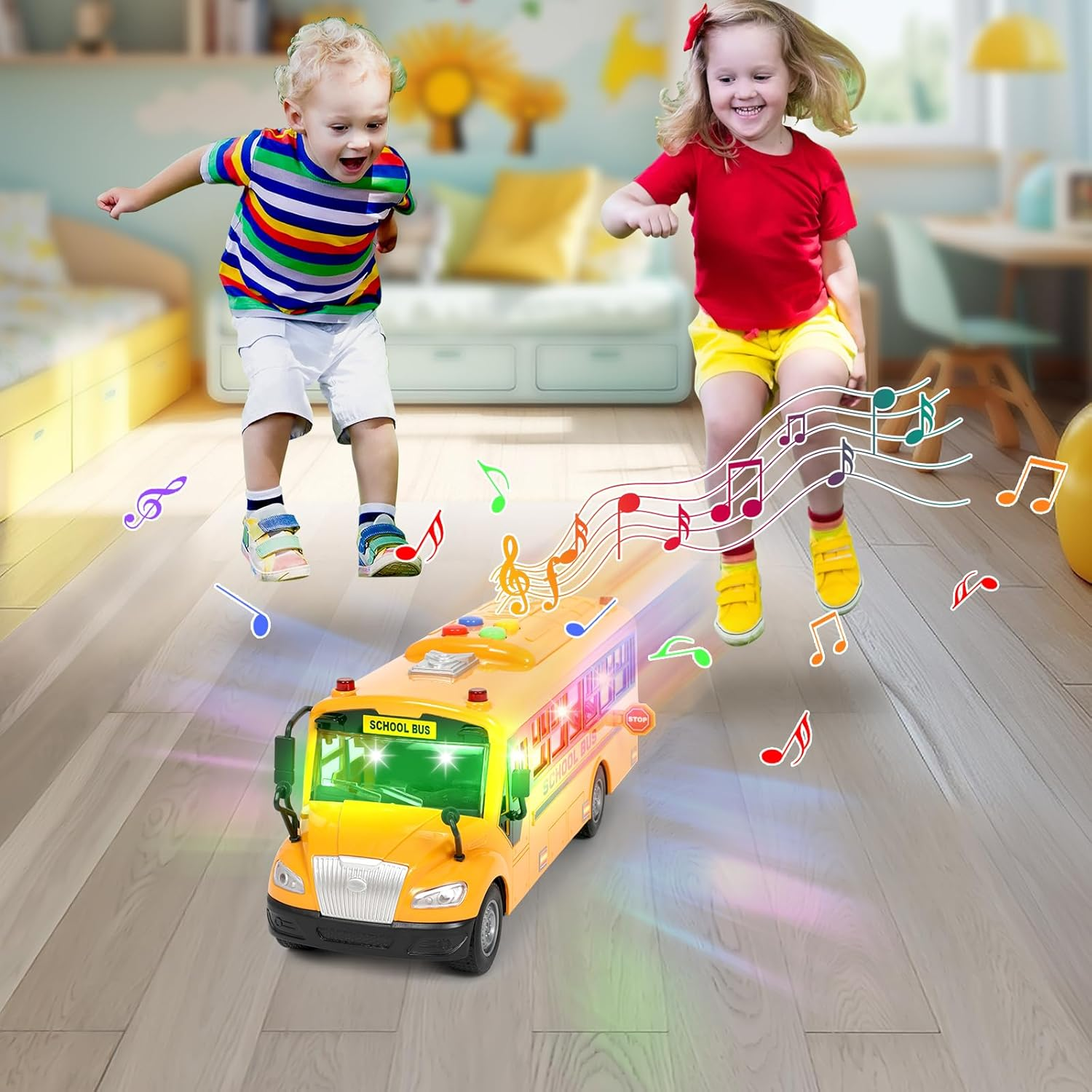 Yellow School Bus Toys for Toddlers with 4 Different Flashing Lights & Sound, Back and Side Doors Open Friction-Powered Wheels Light up Toy Buses Birthday Gift 3 4 Year Old and up Girl Boy Toys image number 5