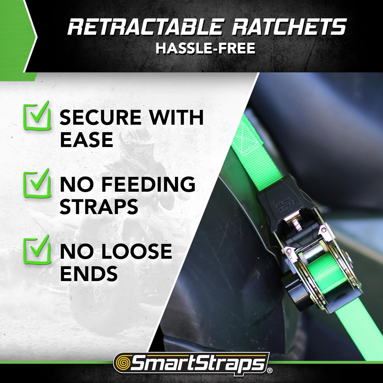 Smartstraps 6&rsquo; Ratchet Straps, 4 Pack &mdash; Standard Duty Retractable Tie-Down Straps &mdash; 1,500Lb Break Strength, 500Lb Safe Work Load &mdash; Haul Atvs, Lawn Tractors and Other Small Equipment image number 4