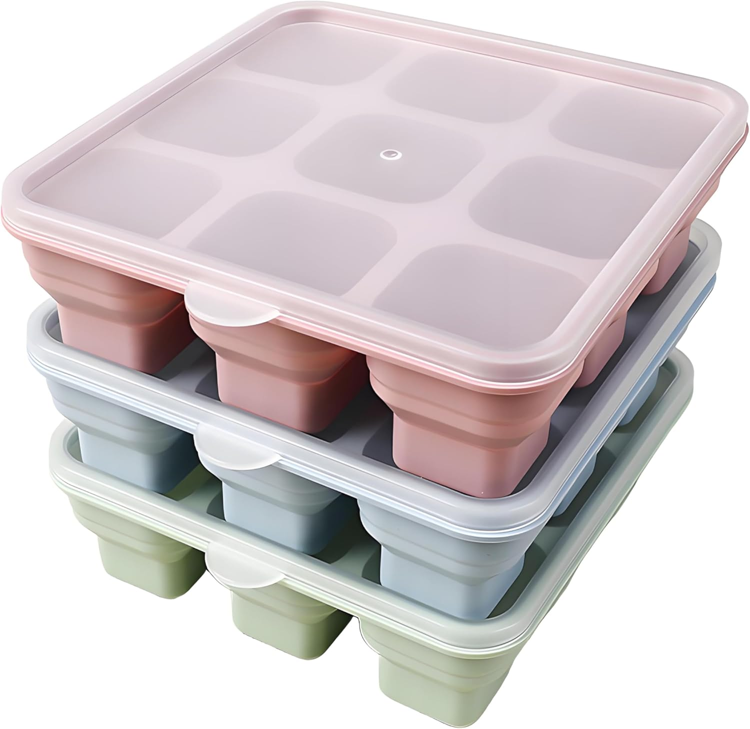 Foldable Silicone Ice Cube Trays with Lids - 3 Pack, Bpa-Free Stackable Ice Trays for Freezer, 27 Large Cubes for Cocktails, Baby Food & Coffee (Pink/Green/Blue) image number 4