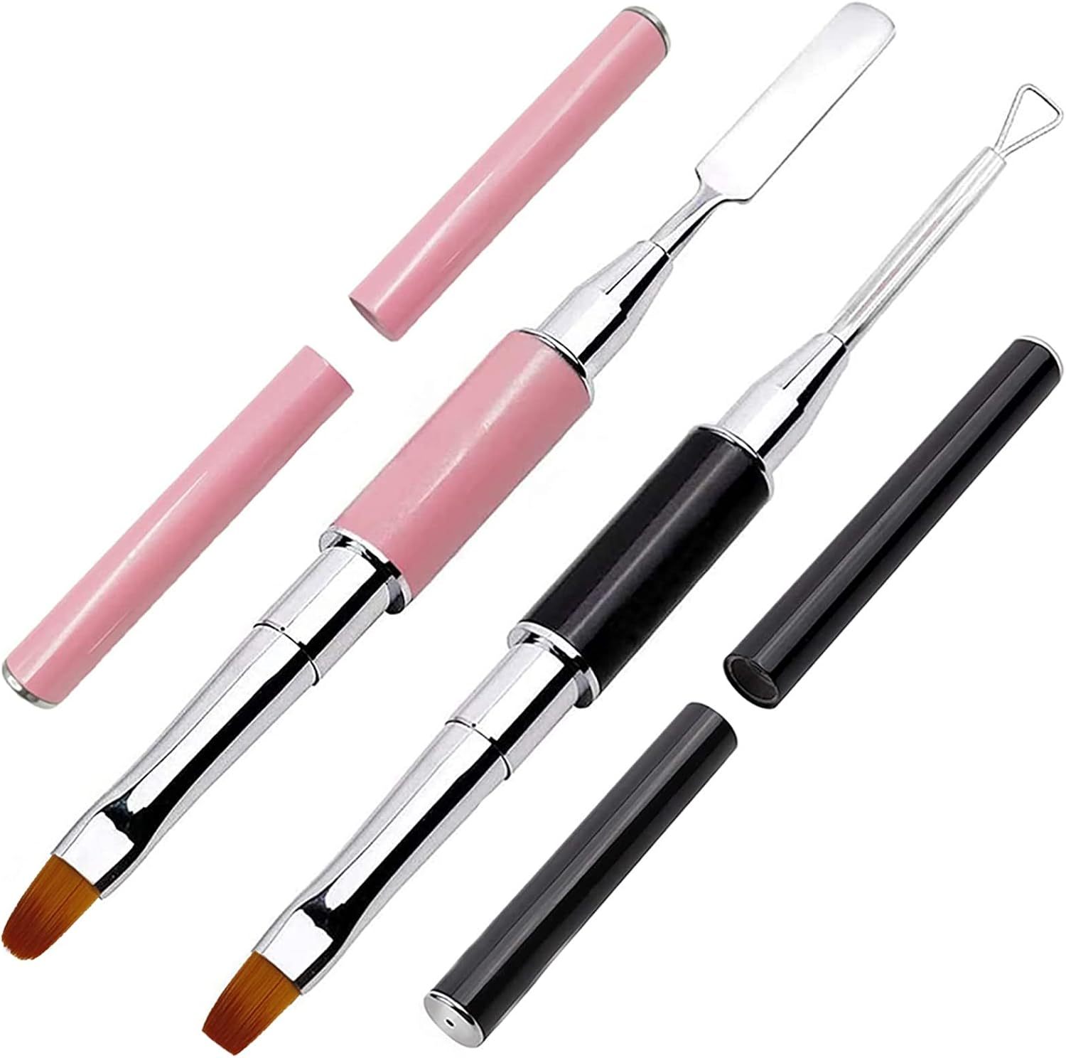 Kalolary 2Pcs Acrylic Dual-Ended Poly Gel Nail Brush, Gel Picker and Nail Pusher Peeler Scraper, Nail Polish Cuticle Remover Stainless Steel Gel for Nails Extension(Pink&Black)