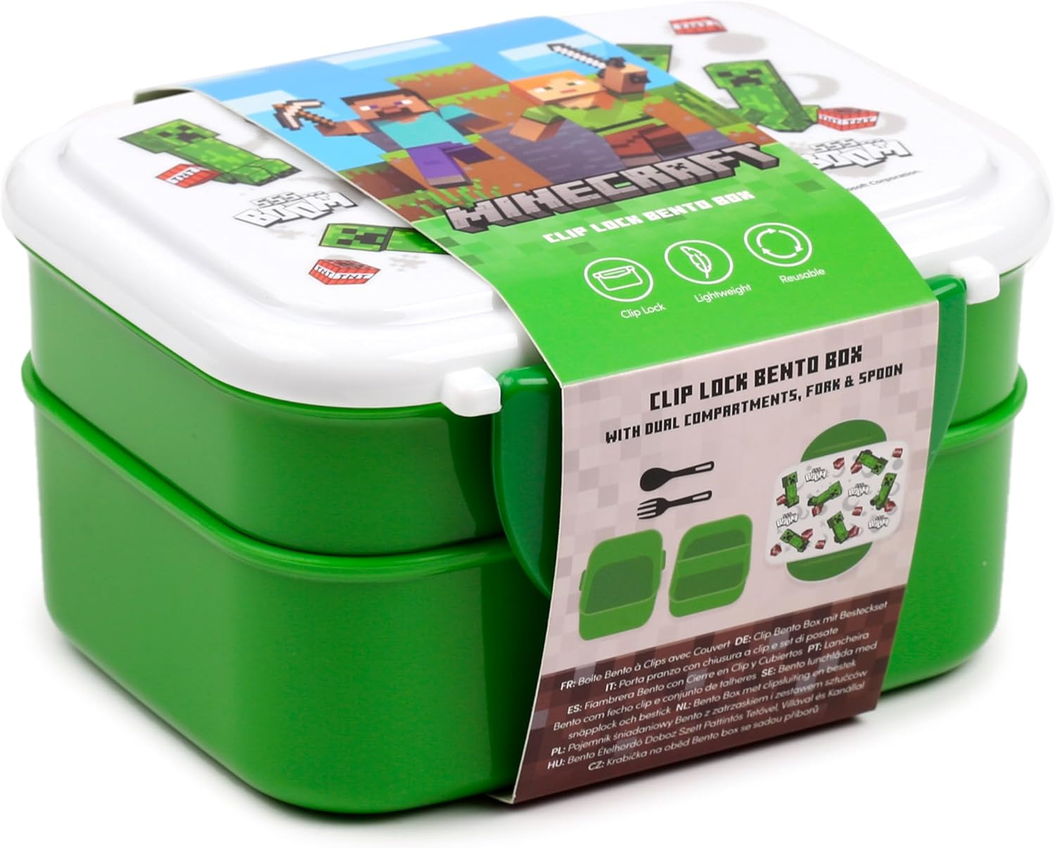 Puckator Minecraft Creeper & TNT Clip Lock Stackable Bento Lunch Box with Cutlery image number 2