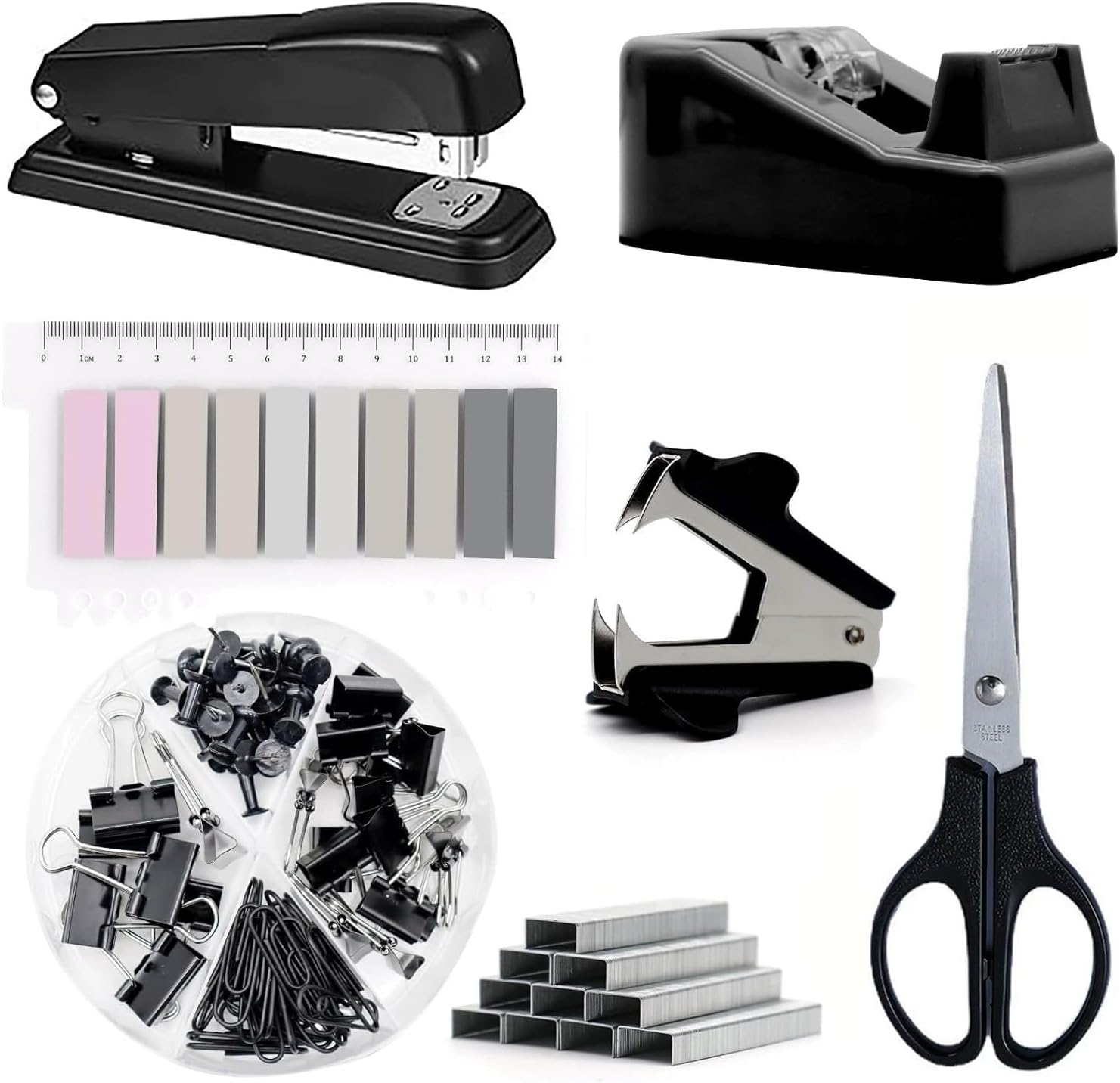 FACAICAI Office Supplies, Desk Accessories, Stapler and Tape Dispenser Set for Women with Stapler, Tape Dispenser, Staple Remover, Staples, Clips, Scissor and Tabs,Gift (Blue Green)