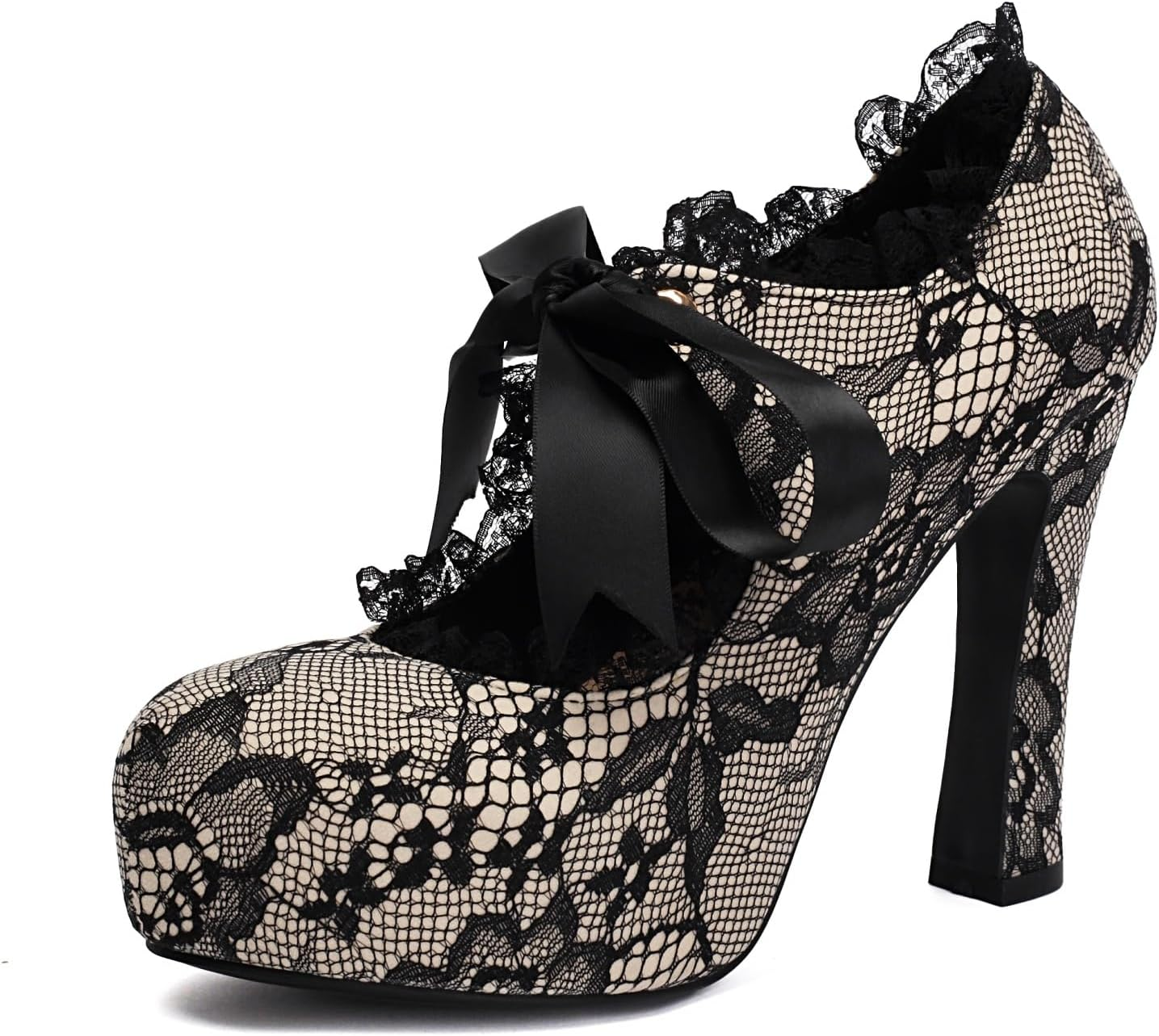 Elerhythm Women'S Lace Flower Mary Jane Punk Closed Toe Prom Costume Elegantes Gothic Pumps Vintage Sweet Platform High Heels Shoes image number 3