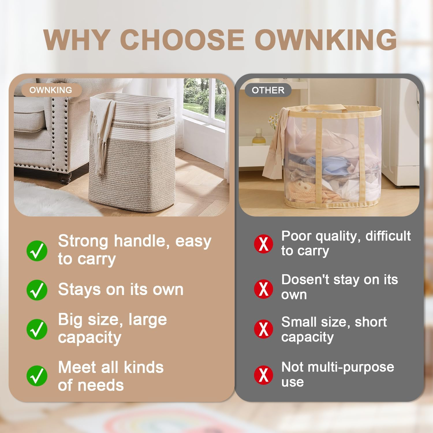 OWNKING Laundry Basket, Tall Woven Cotton Laundry Hamper, Large Capacity Collapsible Storage Basket, Decorative Versatile Blanket Basket for Clothes, Blankets, Toys Storage & Organization, 16X13X22In image number 4