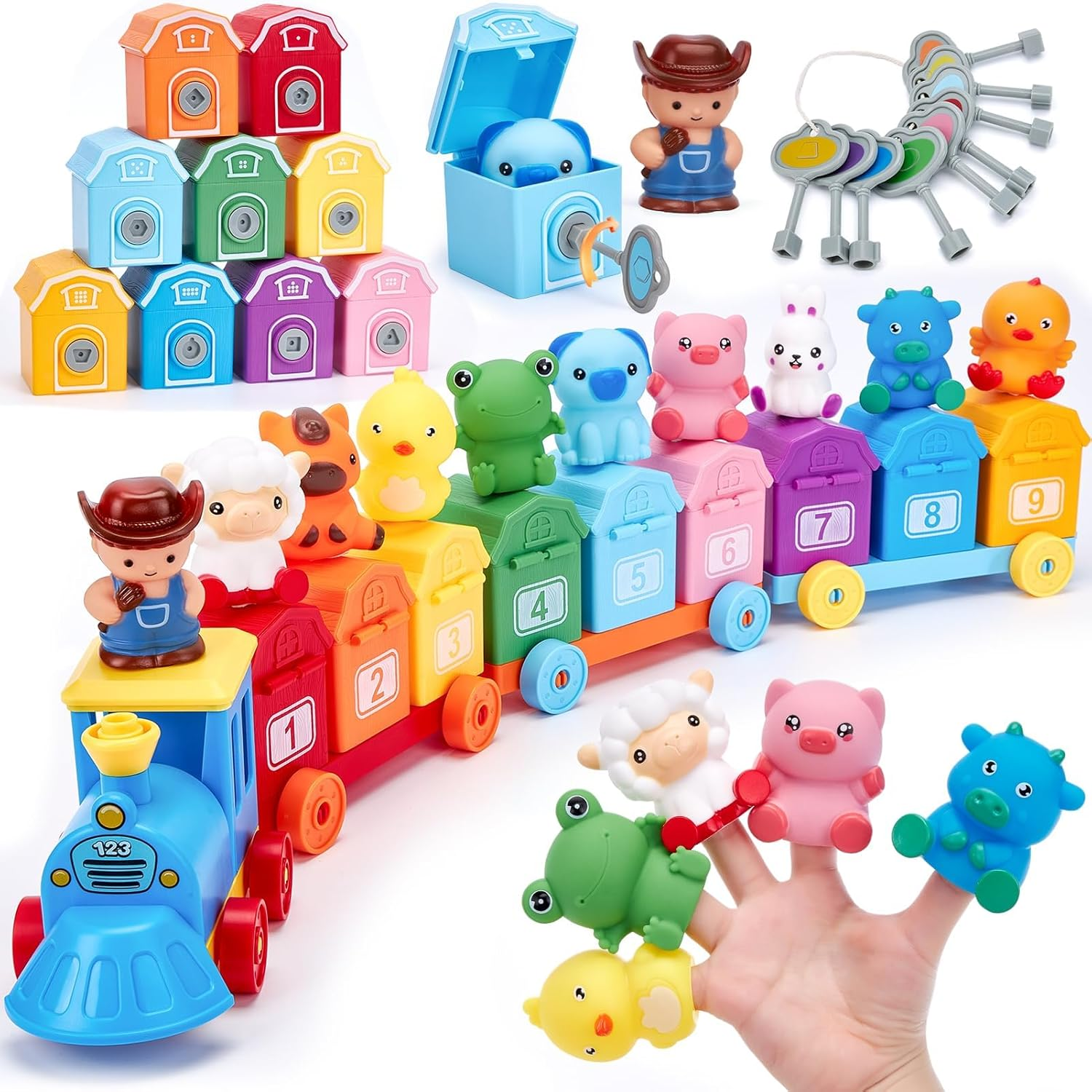 Toddler Train Set - Farm Animals, Barns, Keys, Montessori Counting & Sorting Toys image number 3
