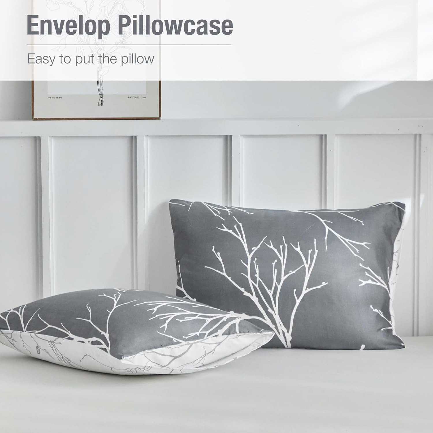 Tokokimo 3 Piece Bedding Set 220 X 240 Cm with 2 Pillowcases with Zip 65 X 65 Cm Microfiber Duvet Cover with Twig Motif for Double Bed with Zip, Dark Grey image number 2