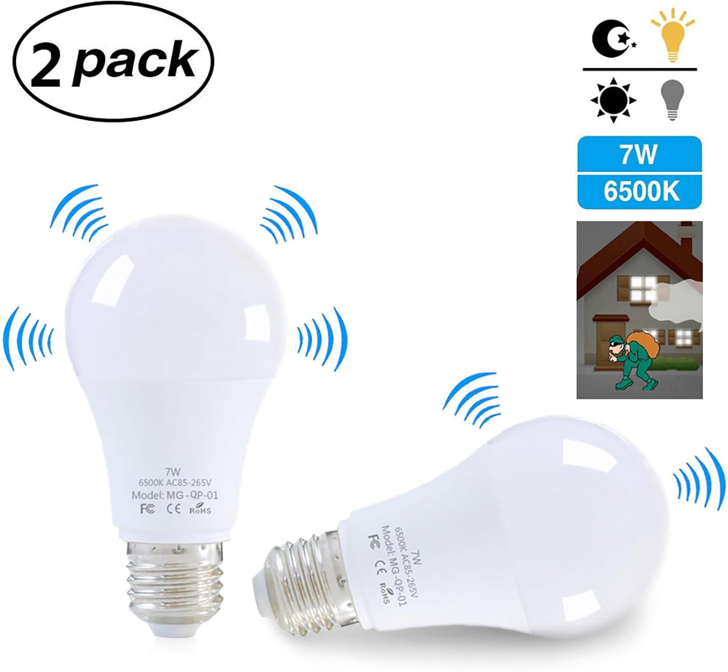 Daseeme 2Pcs/Lot E27 LED with Motion Sensor Smart Light Sensor 7W (Replaces 50 W Sensor Bulb Lamp for Stas/Garden Balcony Garage Lounge Hallway Cellar Outlet White [Energy Class A+] image number 2