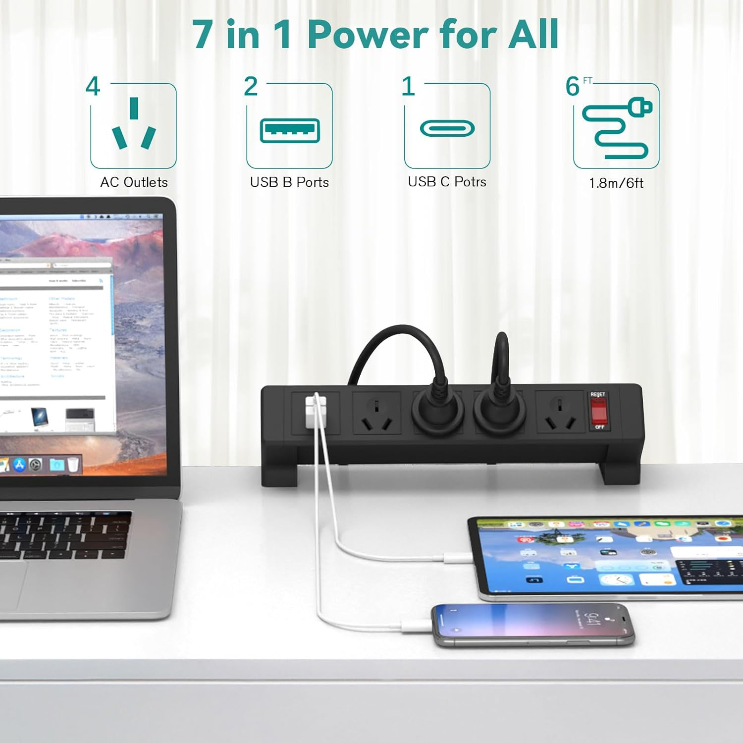 Desk Clamp Power Strip AU Plug, 4 AU Outlets, USB & Type-C Ports, Stable Dual-Clamp Desktop Edge Mount Computer Accessories for Desk Power Strip Clamp on Desk Shelf, Secure Desk Organizer, 1.8M Cable image number 6