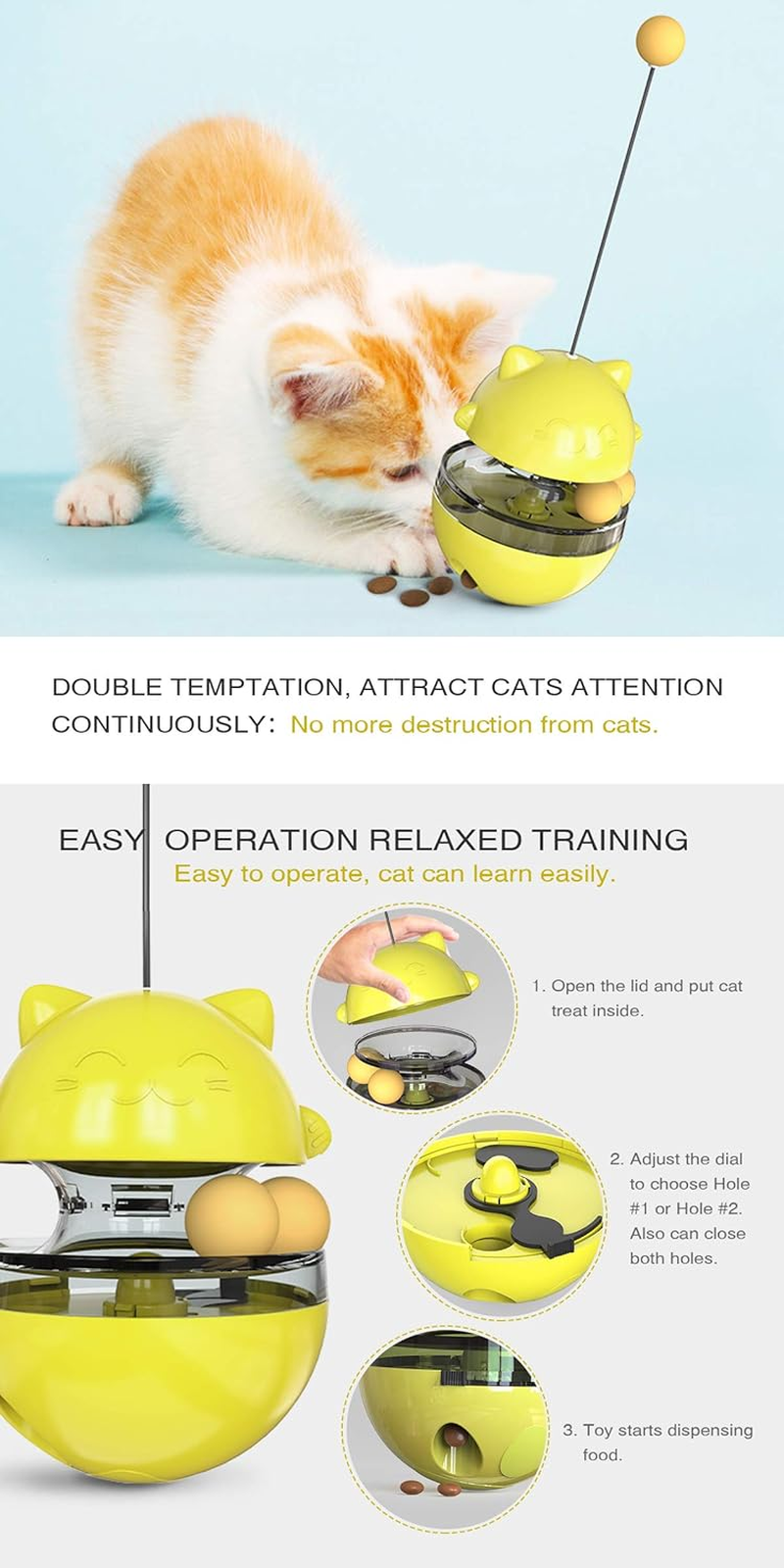 CYBERNOVA Interactive Wobble Cat Toy with a Teaser Wand, Built -In Treat Dispenser/Pet Puzzle Toy/Slow Feeder for Cats and Kitten (Yellow)