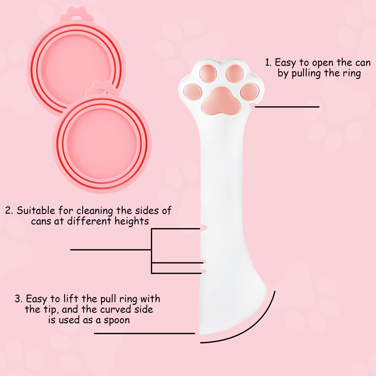 Lasuroa 4Pcs Dog Cat Food Spoon & Lid Set, Silicone Can Opener Tool with Stainless Steel Wet Food Scoop and Can Covers, Pet Foods Storage & Feeding Accessories for Cats and Dogs (Pink, White, Black) image number 2