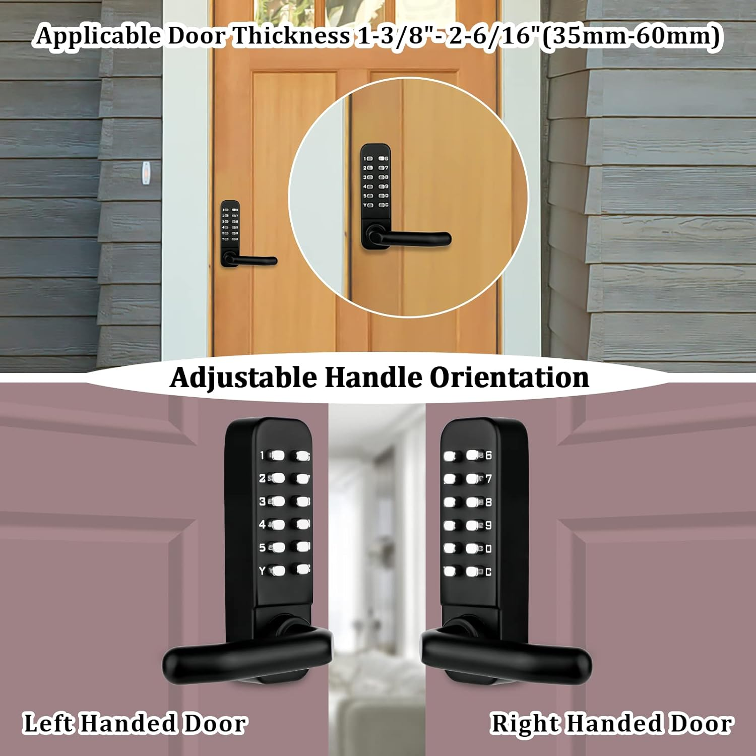 CODACE Mechanical Keyless Entry Door Lock with Keypad Door Knob, Waterproof Keypads Deadbolt Door Lock with Handle, Stainless Steel Digital Outdoor Gate Combination Door Locks Set with Keypads (Black) image number 3