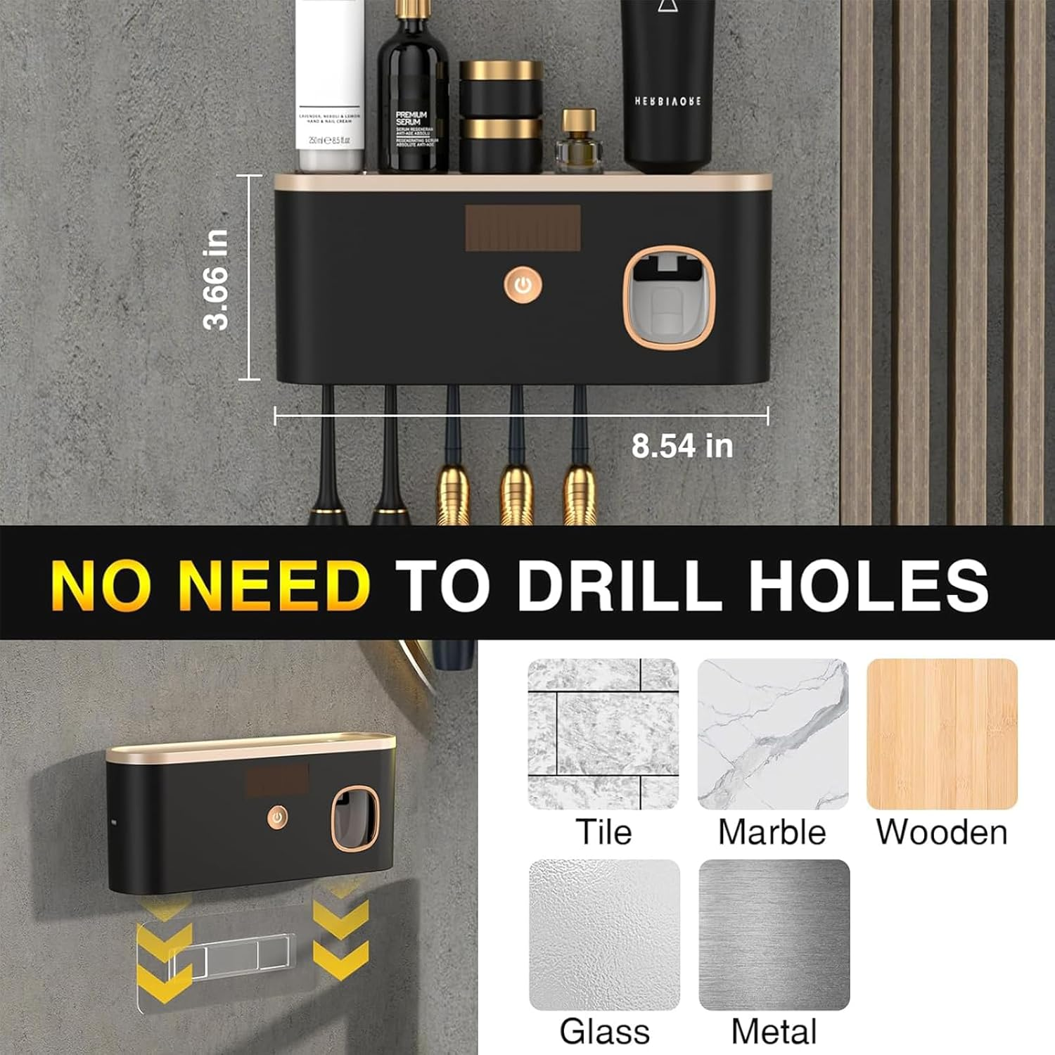 Toothbrush Cleaner & Holder, Wall Mounted Tooth Brushing Holder with Toothpaste Dispenser, Cleaning and Air Drying, Rechargeable UV Toothbrush Holder for Bathrooms image number 4