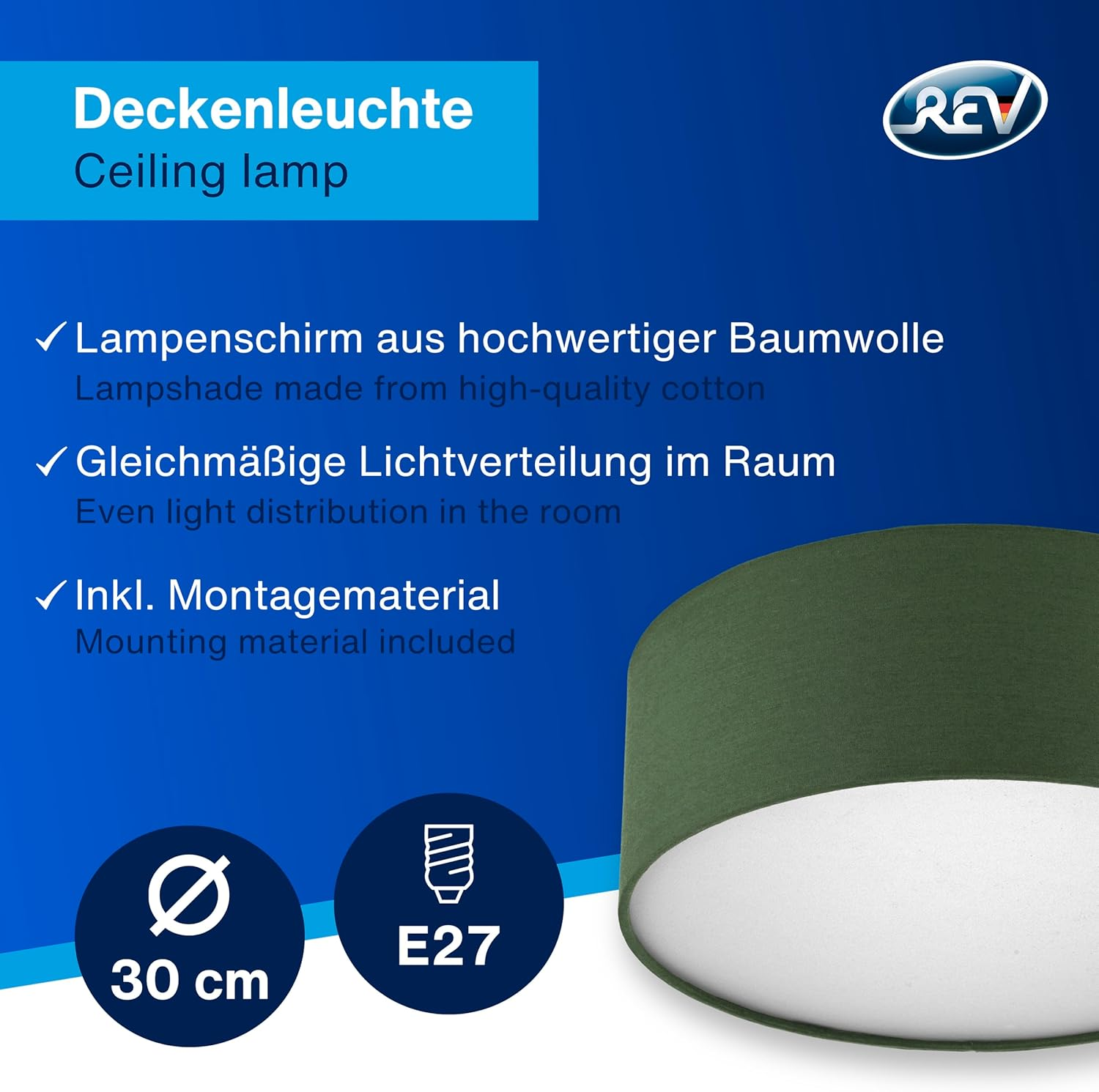 REV Ceiling Lamp 30 Cm round with Fabric Shade in Modern Style - Ideal for Bedrooms, Living Rooms and Children'S Bedrooms, Dark Green image number 6
