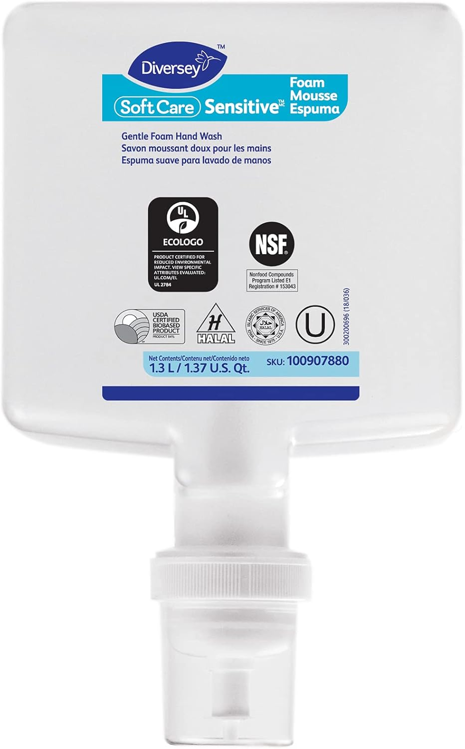 Diversey 100907880 Soft Care Sensitive Foam Hand Wash, for Use in Intellicare Dispenser, Fragrance-Free, 1.3-Liter image number 1