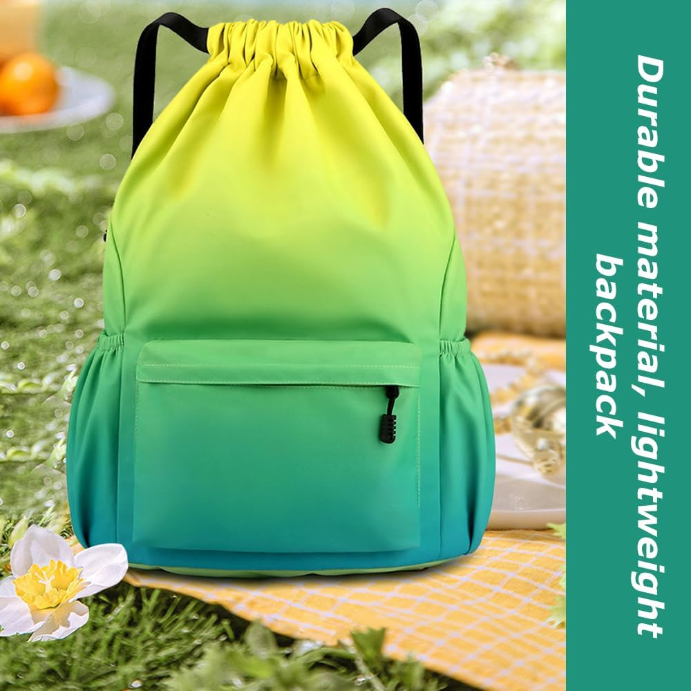 Drawstring Backpack,Waterproof Drawstring Bag,Storage Backpack,Outdoor Travelling Bag,For Sports, Work,For Men Women,With outside Zipper Pocket (Yellow Green Gradient) image number 2
