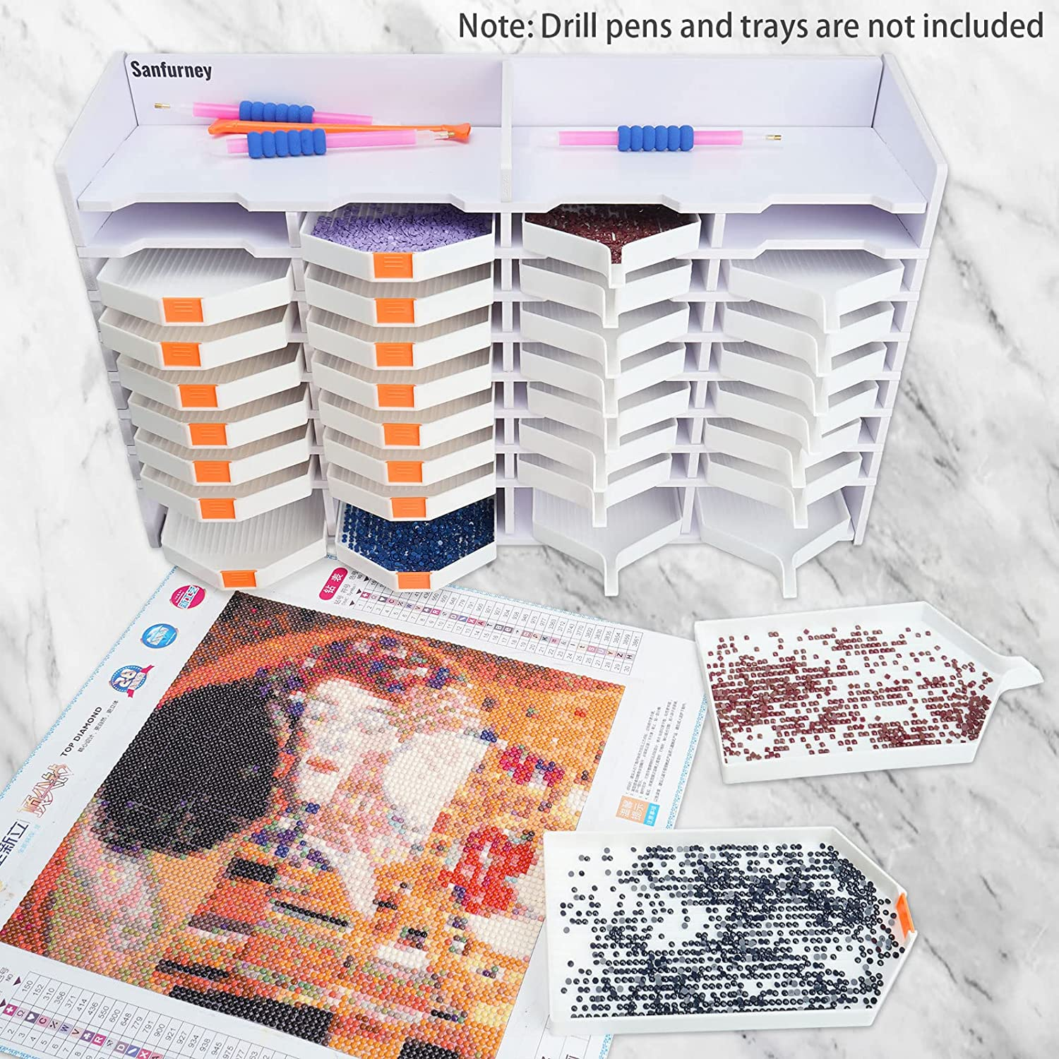 Sanfurney 32 Slots Large Diamond Painting Tray Tower Organizer with Drill Pen Holder, Multi-Boat Plates Storage Rack, Diamond Painting Accessories Tools Kits, Gift for Adults DIY Craft Arts image number 5