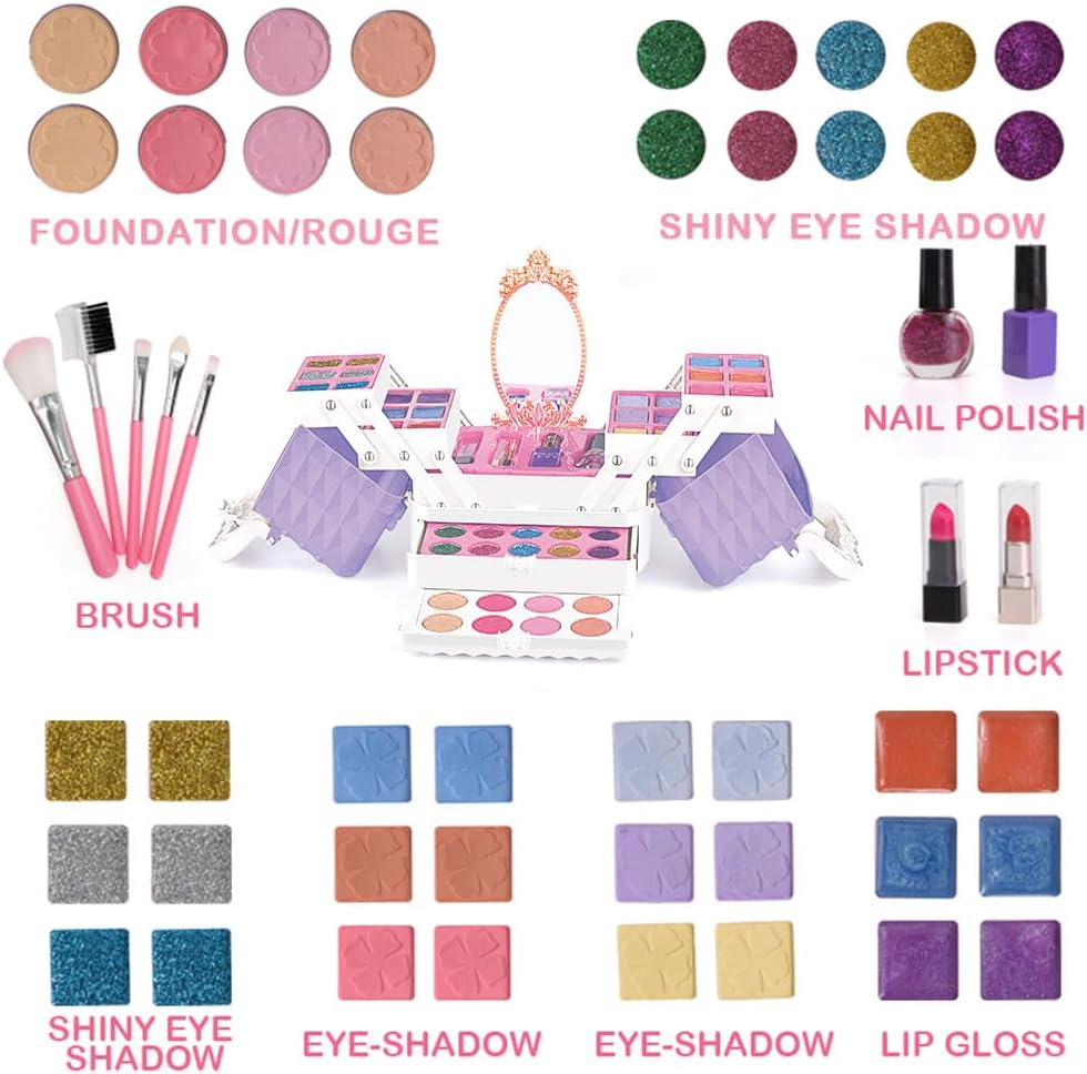 52 Pcs Kids Makeup Set for Girls, Princess Real Washable Pretend Play Cosmetic Set Toys with Mirror, Non-Toxic & Safe, Birthday Gifts for 3 4 5 6 7 8 9 10 Years Old Girls Kids (Purple) image number 5