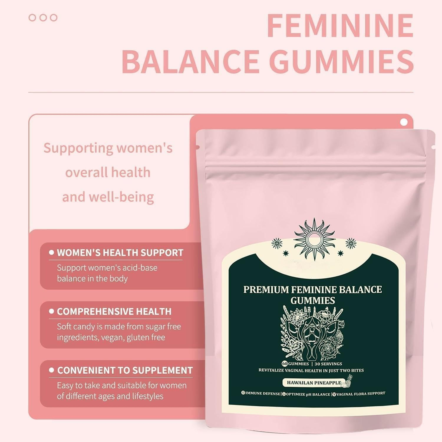 Feminine Balance Gummies &ndash; Vaginal Probiotics & Probiotics for Women &ndash; Vegan, Low Sugar, Gluten-Free &ndash; Pineapple Flavor &ndash; 60 Gummie image number 3