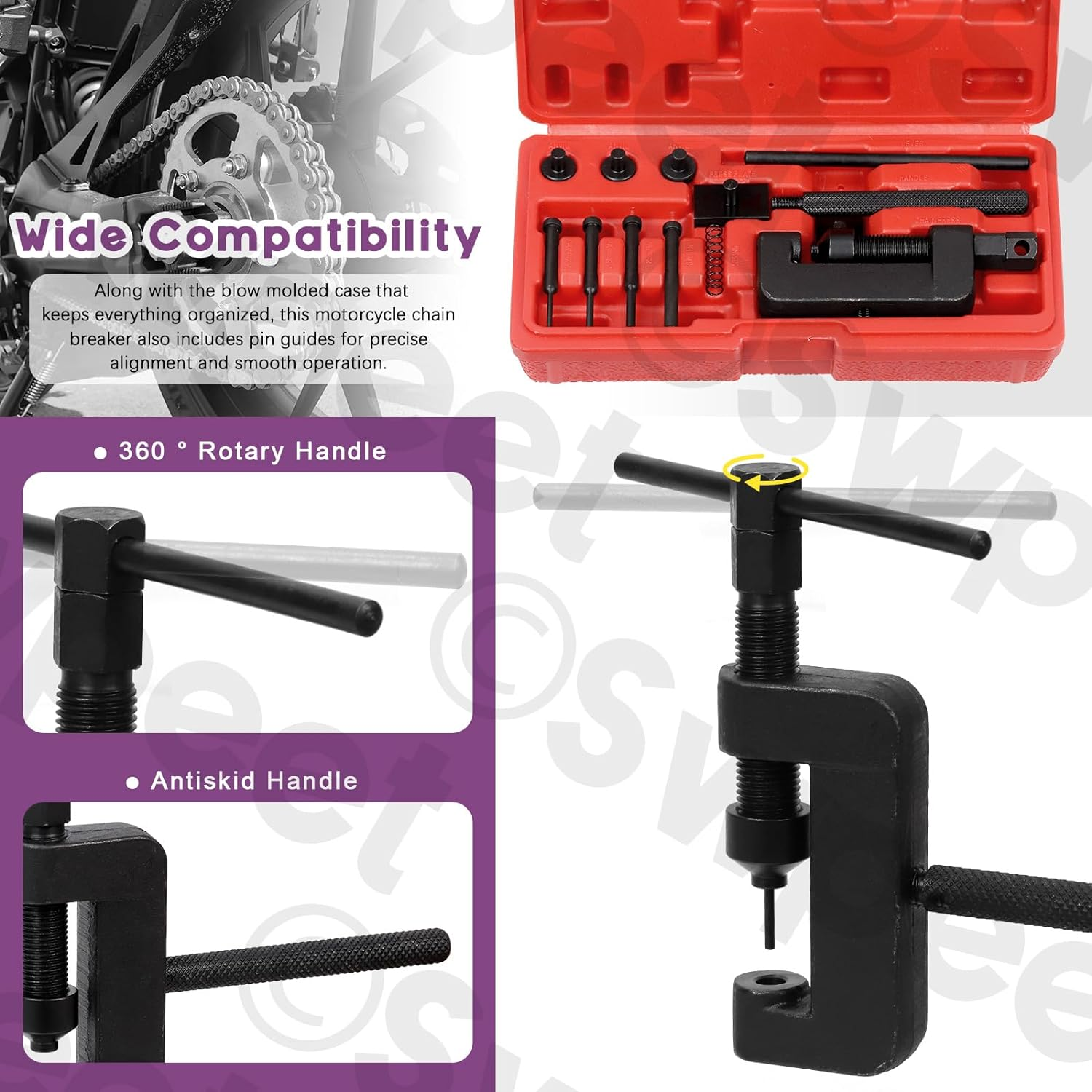 Swpeet 13Pcs Motorcycle Chain Breaker with Carrying Case Assortment Kit, Chain Cutter and Riveter Chain Removal Tool Chain for Motorcycle, Bike, ATV image number 6