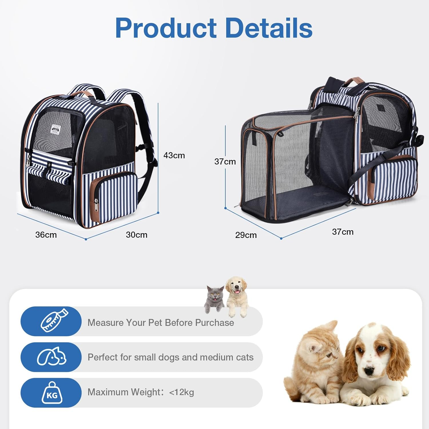 Lekespring Extra Large Cat Backpack Carrier Expandable Pet Carrier Backpack for Small Dogs Medium Cats Fit up to 12 Kg for Travel, Hiking, Blue Striped