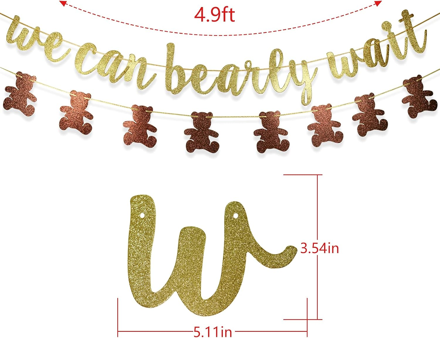 We Can Bearly Wait Glitter Banner, Baby Shower Decorations, Gender Reveal Party Supplies for Teddy Bear Theme Garland (Gold and Brown) image number 4