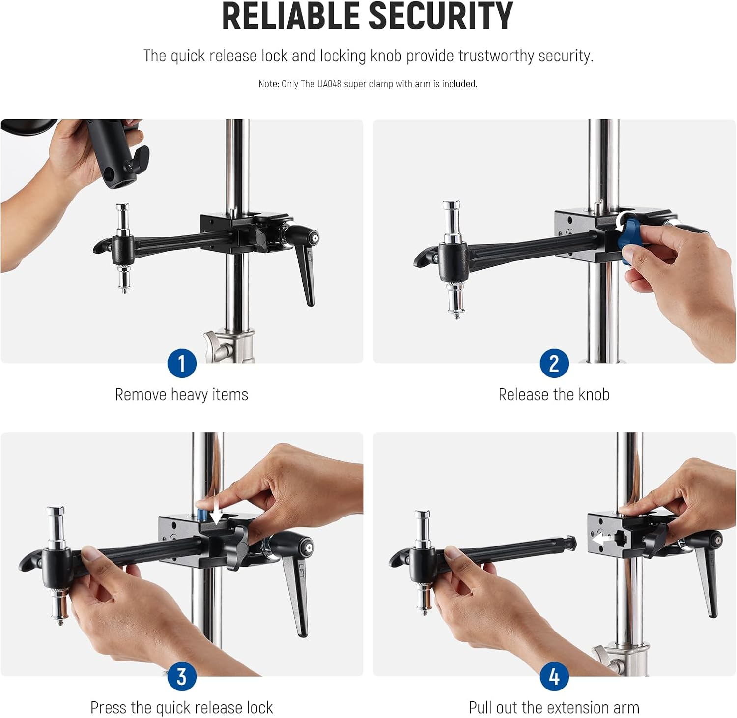 NEEWER Super Clamp with 6" Extension Arm, 5/8" Stud, 2.4" Jaw Grip Heavy Duty Crab Pole Clamp for round Pipe Flat Surface, for Photography Studio Camera Lighting Mounting, Max Load 33Lb/15Kg image number 6
