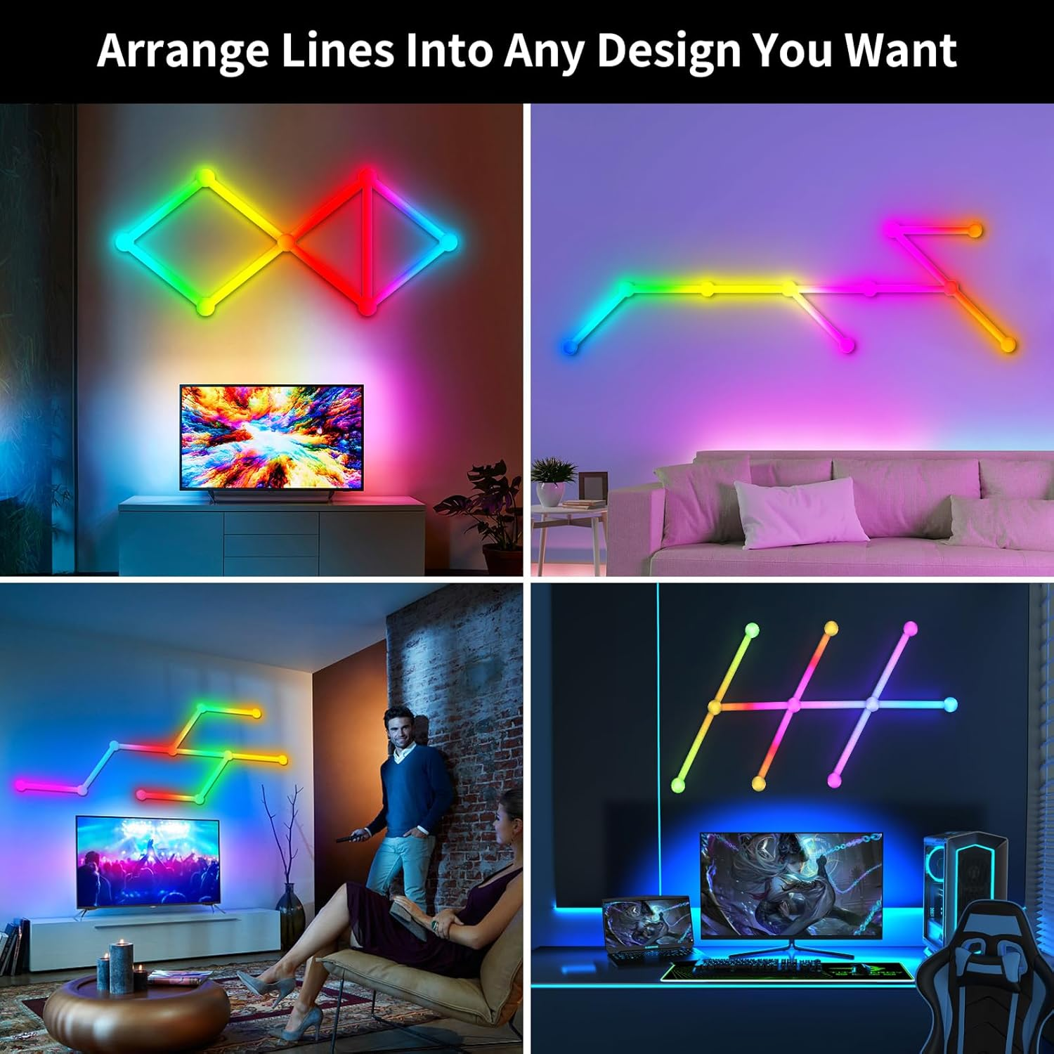 Smart Wifi RGB LED Wall Light Lines, Music Sync DIY Geometry Splicing Gaming Lights, 16M+ Color Changing Home Decor Lights Work with Alexa and Google Assistant for Game Room, Bedroom - 9 Bars image number 2