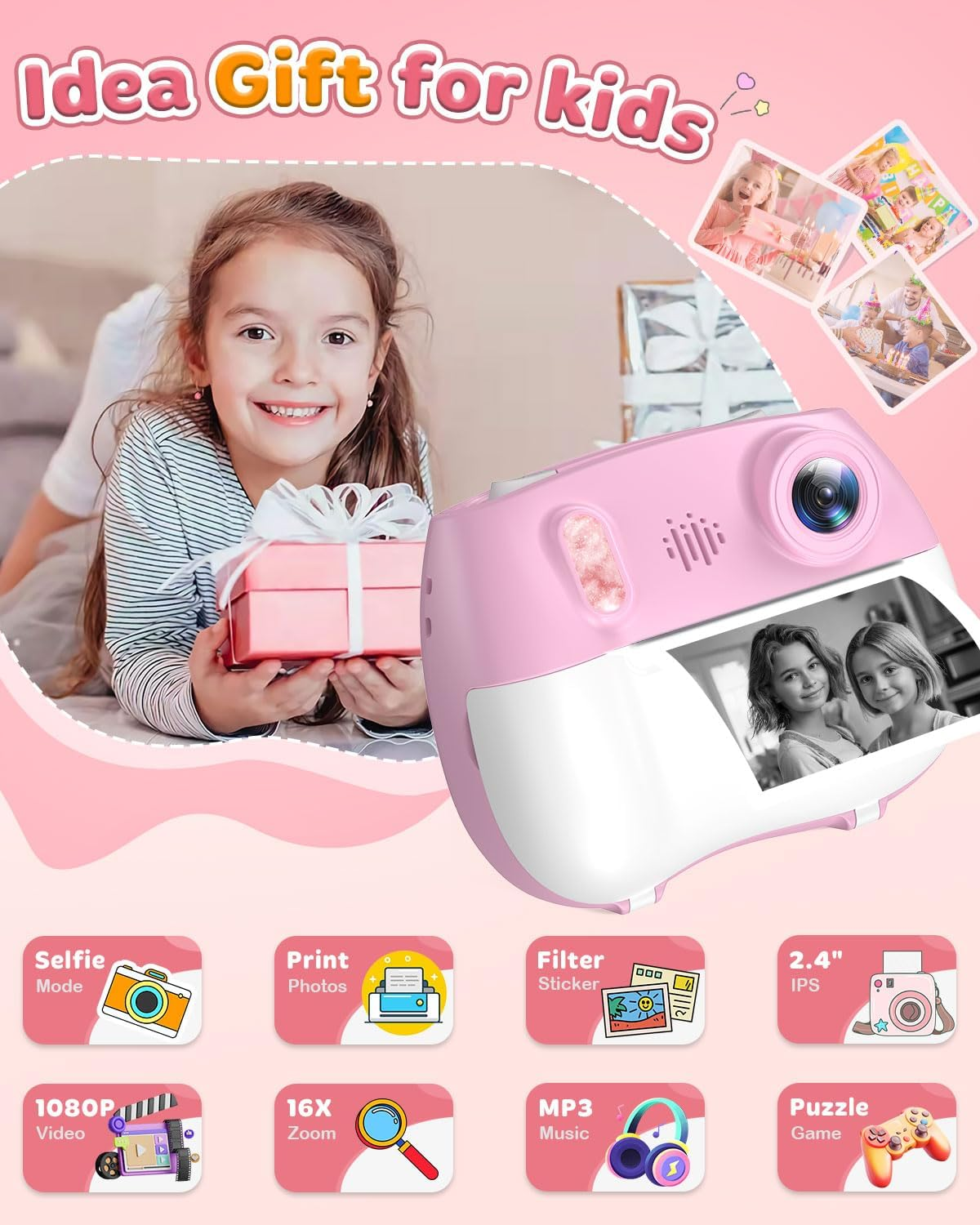 Kids Camera Instant Print - Front Rear Dual Selfie Kid Camera, Fun Girls Boys Ages 3-12, 1080P HD Digital Video Cameras, Christmas, Birthday Present for Toddler 3 4 5 6 7 8 9 10 Year Old image number 4