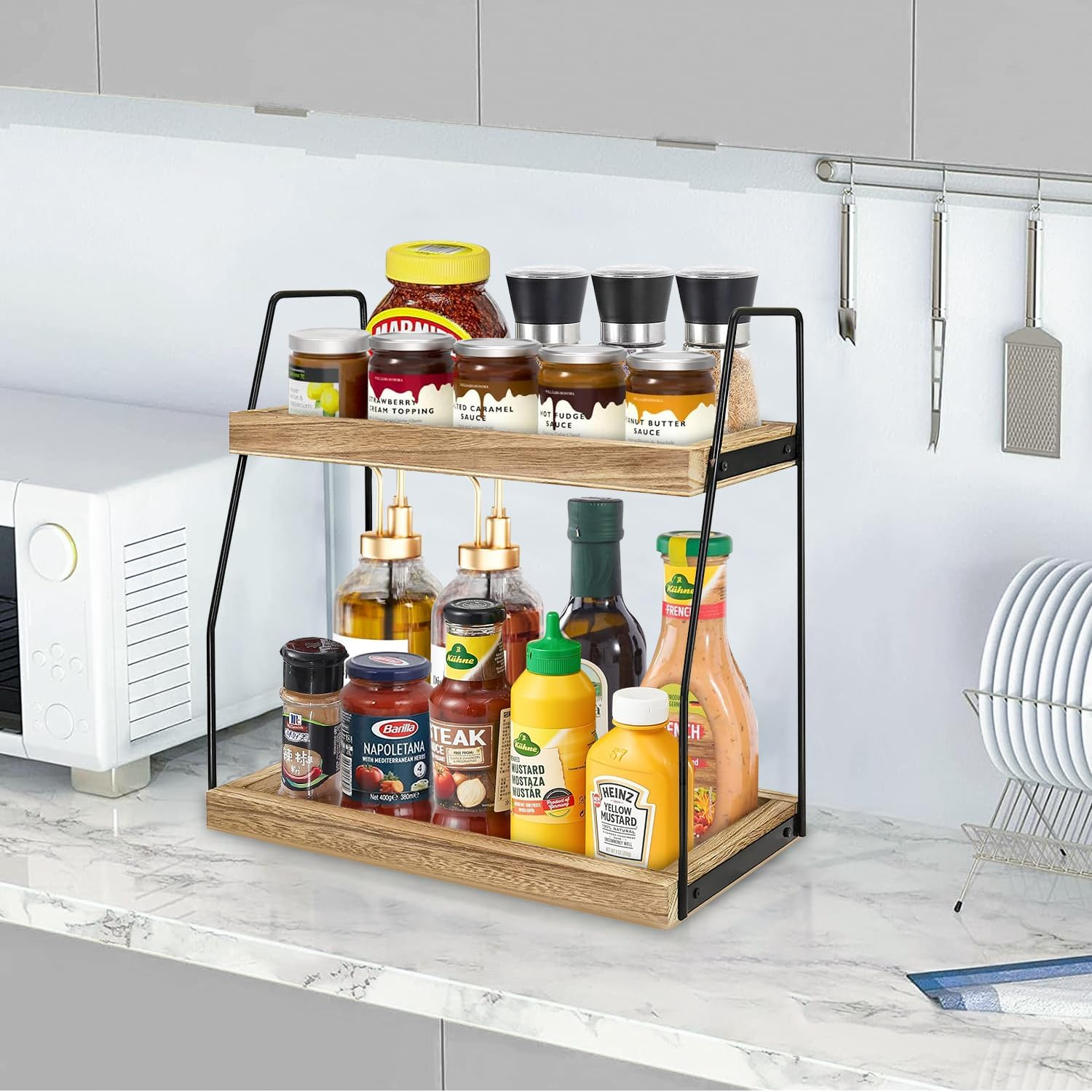 BYUNER Coffee Station Organiser, 2 Tier Shelf Coffee Bar Accessories and Organizer, Wooden Kitchen Shelf Storage, Tea Condiment Storage, Caddy for Home Office Bathroom Organiser image number 6