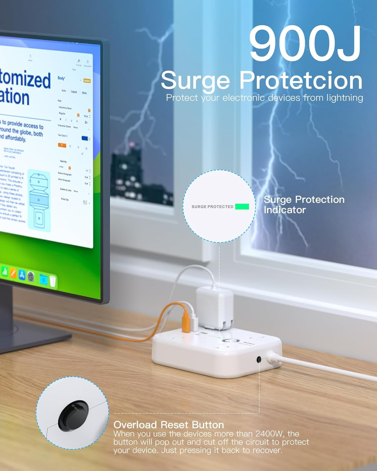 Addtam PD30W Power Board Surge Protected, Desk Powerboard with 4 AC Outlets and 4 USB Ports(2 USB C), 1.8M Extension Cord Power Strip for Home Office Travel Essentials image number 1