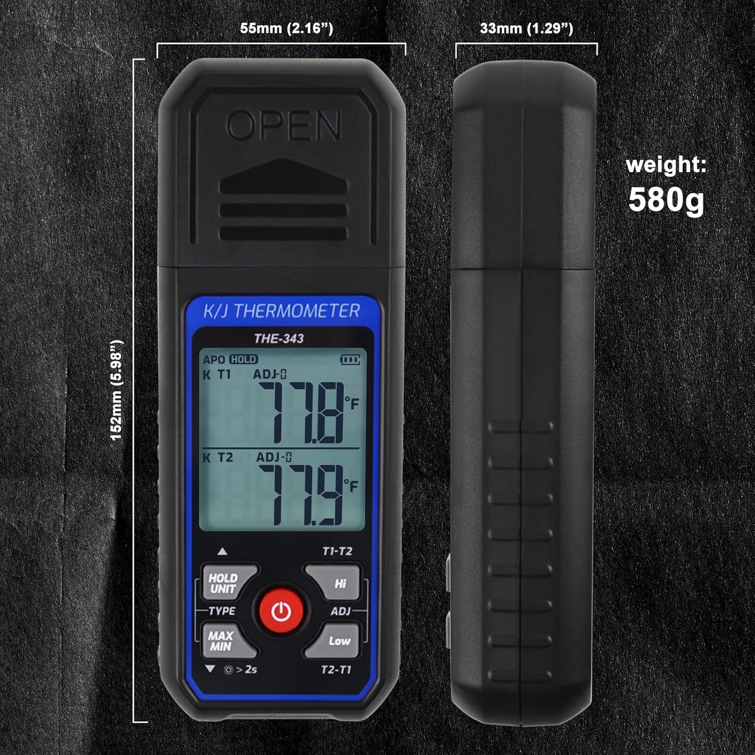 Thermocouple Thermometer HVAC Temperature Meter, Digital Temperature Thermometer with 4 K Type Thermocouple, Dual Channel Temperature Gauge with Alarm & ADJ Compensation (-328~2500℉ Measuring)