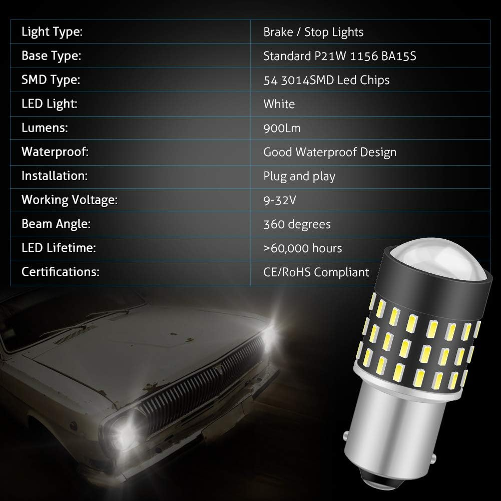 KATUR 1156 BA15S 7506 1073 1095 Led Light Bulb High Power 3014 54 Chipsets Super Bright 650 Lumens Replace for Turn Signal Back up Reverse Brake Tail Stop Parking RV Lights,Xenon White(Pack of 2) image number 5