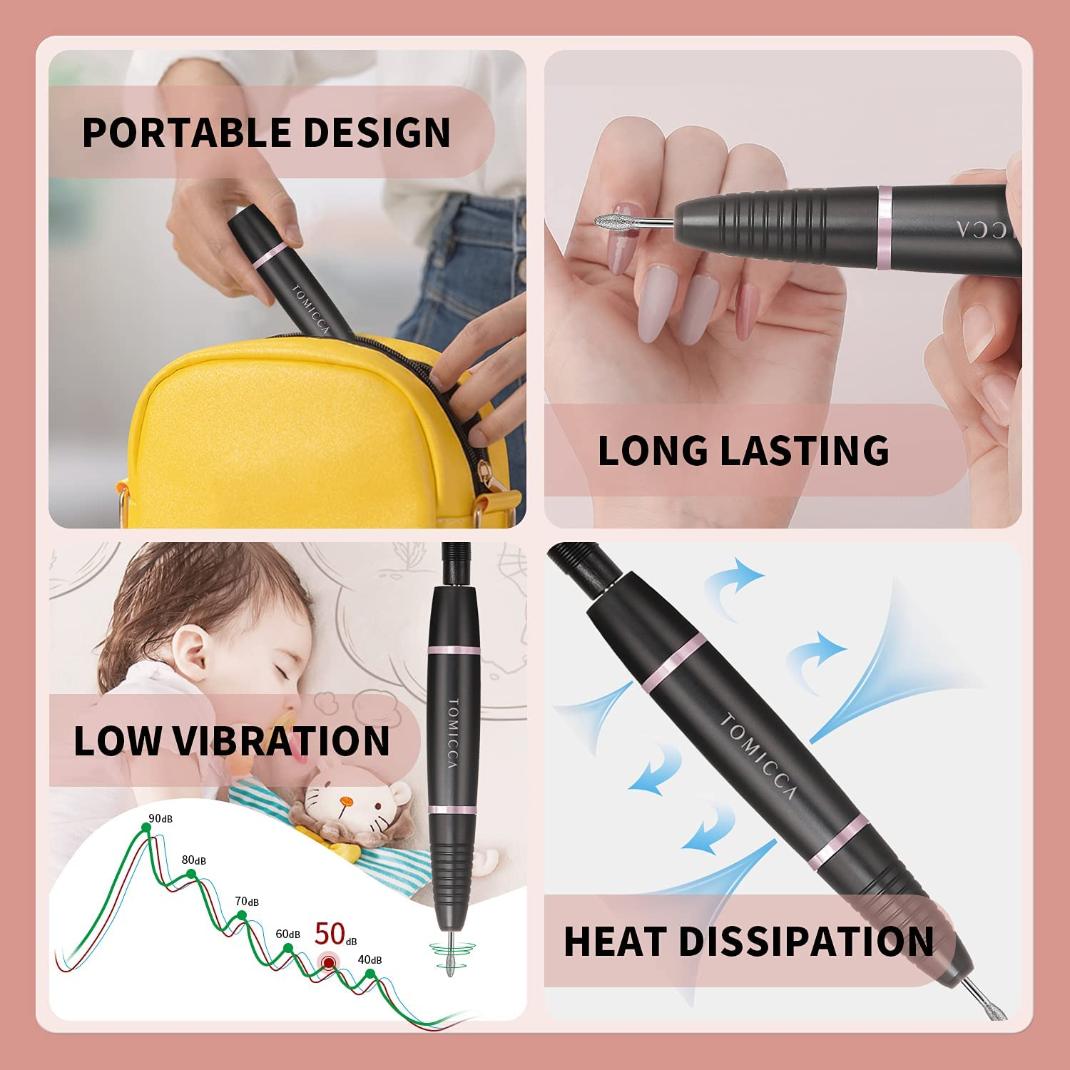 TOMICCA Professional Electric Nail Drill Kit, 20000 RPM USB Electric Nail File Machine with 12 Pcs Changeable Nail Drill Bits for Starter and Salon Use image number 1