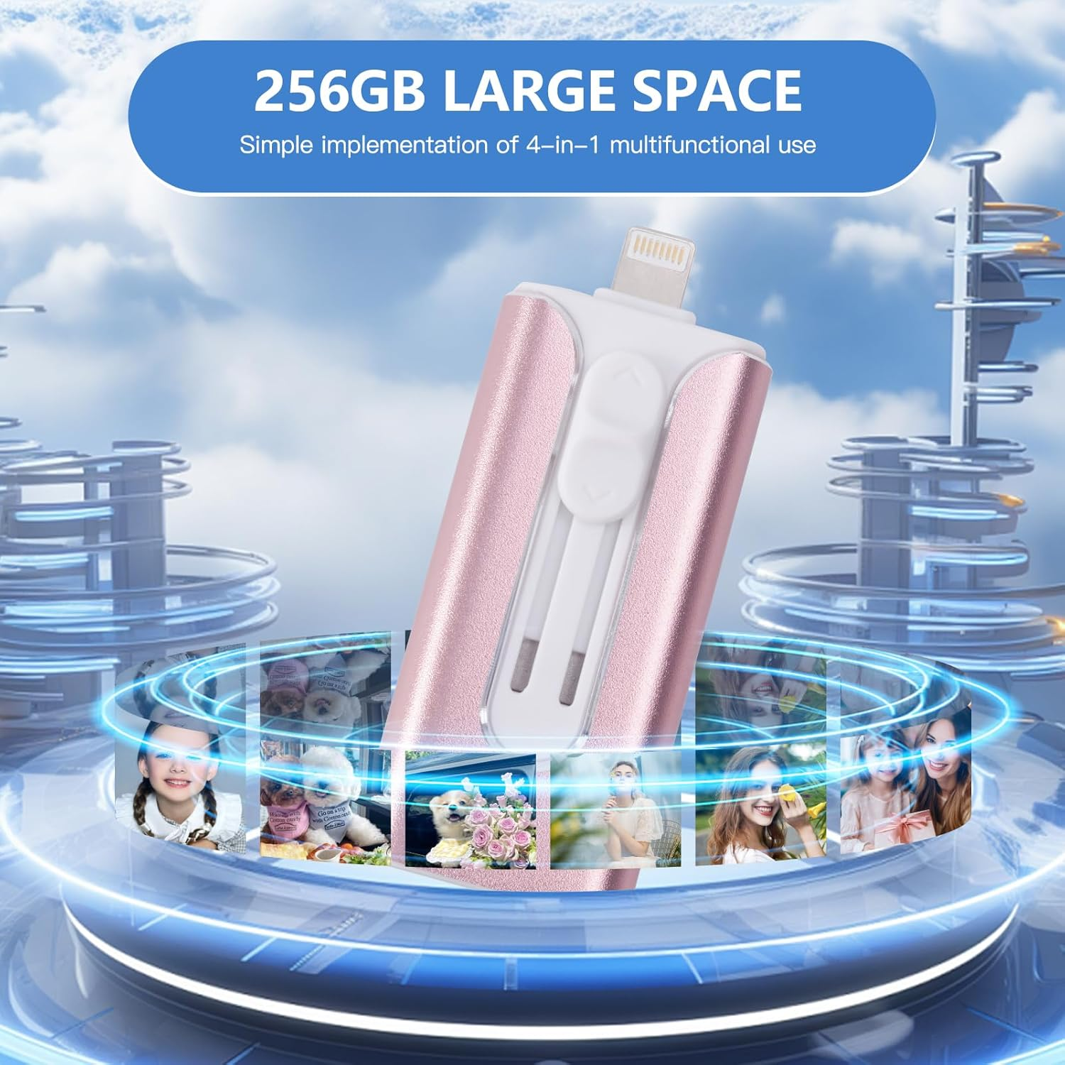 Iphone Flash Drive,256Gb Photo Stick USB Drive,4 in 1 Iphone USB Memory Stick Iphone Thumb Drive USB Stick for Iphone15/14/13/12/11/X/Xs.../Pc/Ipad Type C and Micro USB Phone Devices (Pink)