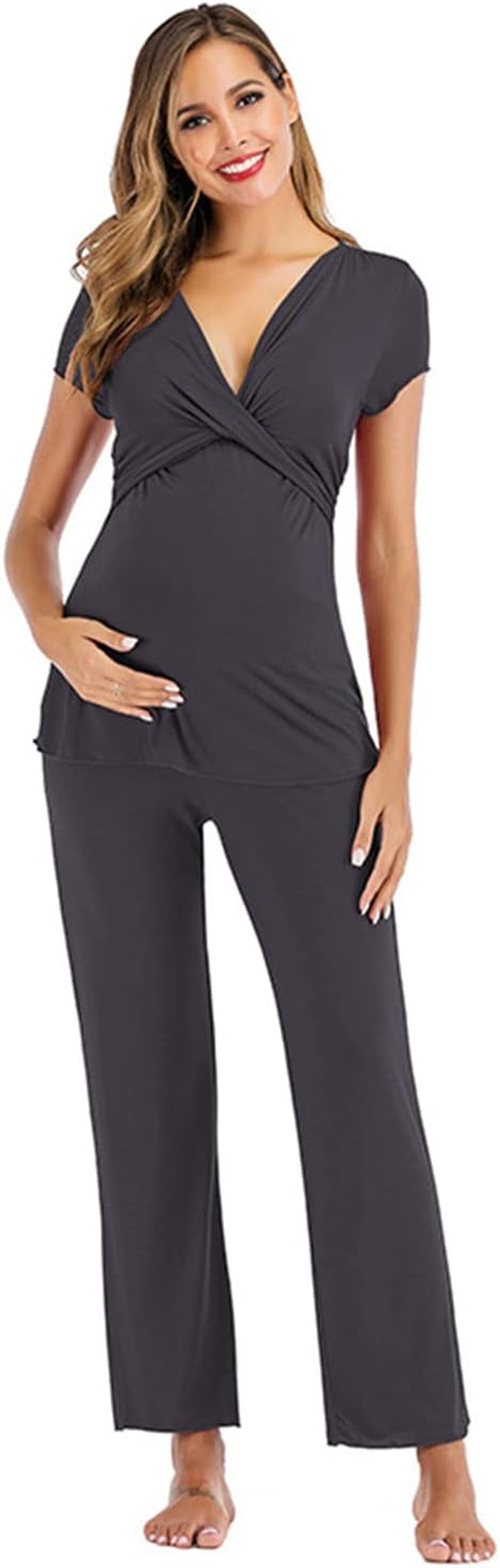 AIRMOOD Maternity Nursing Pyjamas Set, Super Soft V-Neck Short Sleeve Sleepwear Breastfeeding Loungewear Nursing Nightie Pjs for Pregnant Women, Maternity Clothing for Home Hospital image number 2