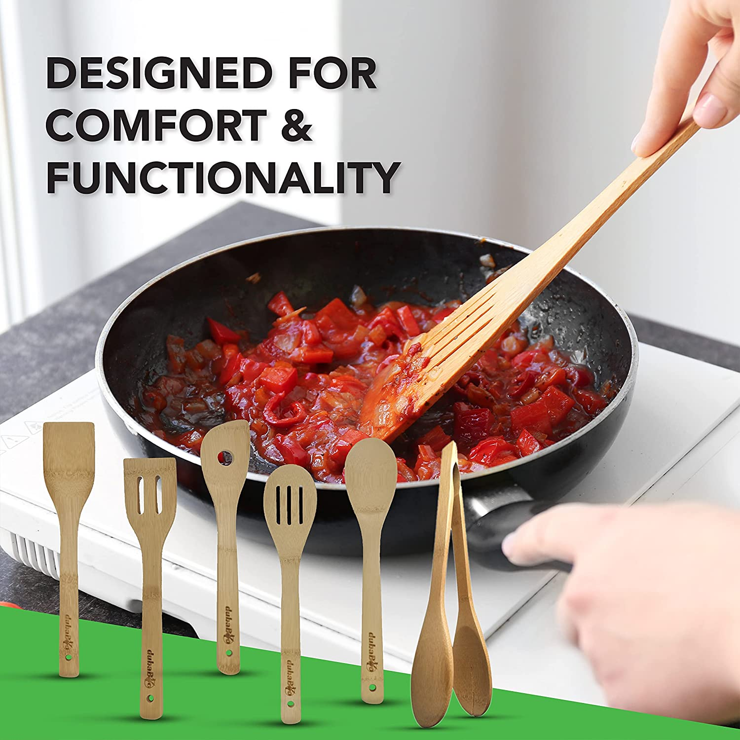 Wooden Spoons Dubaboo for Cooking 6-Piece Bamboo Utensil Set Apartment Essentials Wood Spatula Spoon Nonstick Kitchen Utensil Set Premium Quality Housewarming Gifts Wooden Utensils for Everyday Use image number 4