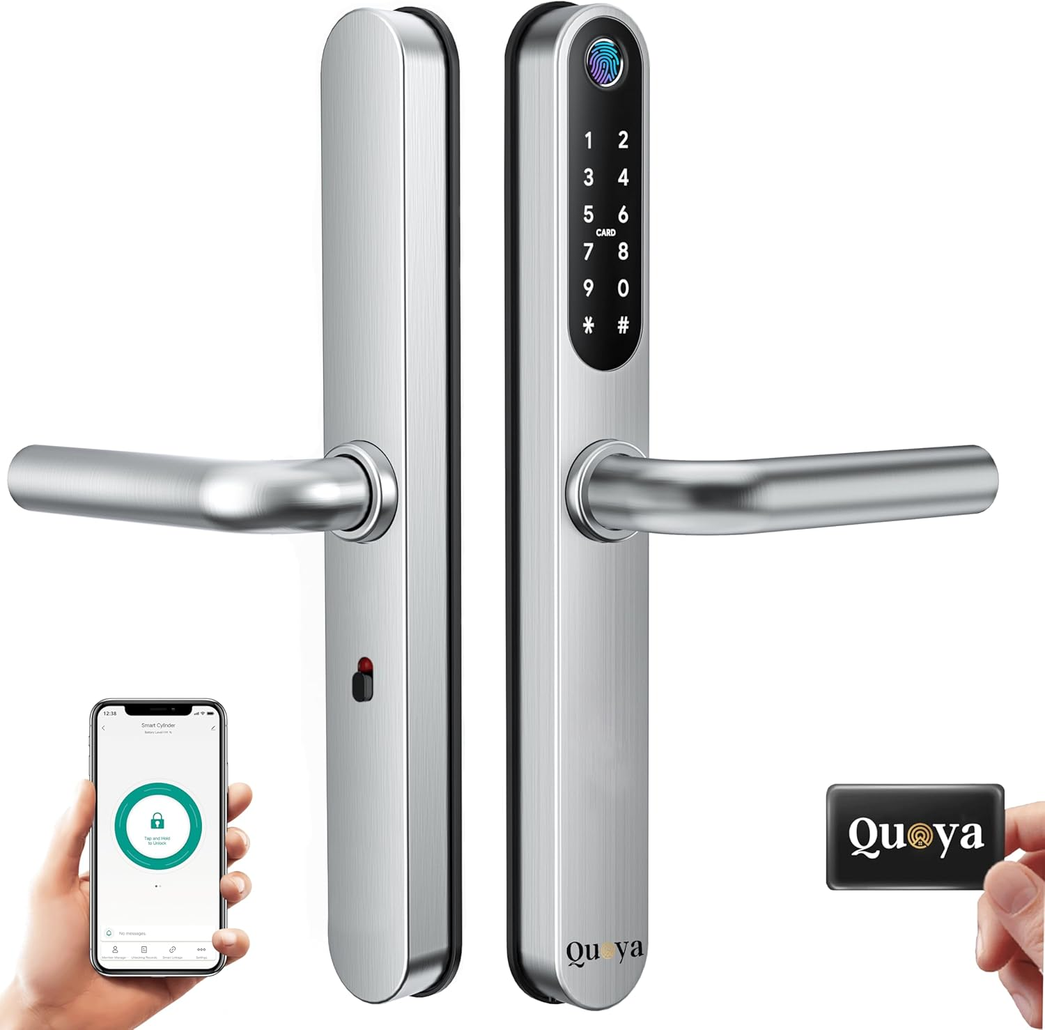 QUOYA D1 Smart Door Lock, 75&deg; Max Rotation Angle, IP55 Waterproof, Unlocking Method (Fingerprint, RFID Key Card, Pin/Passcode, App, Mechanical Key) (Silver)