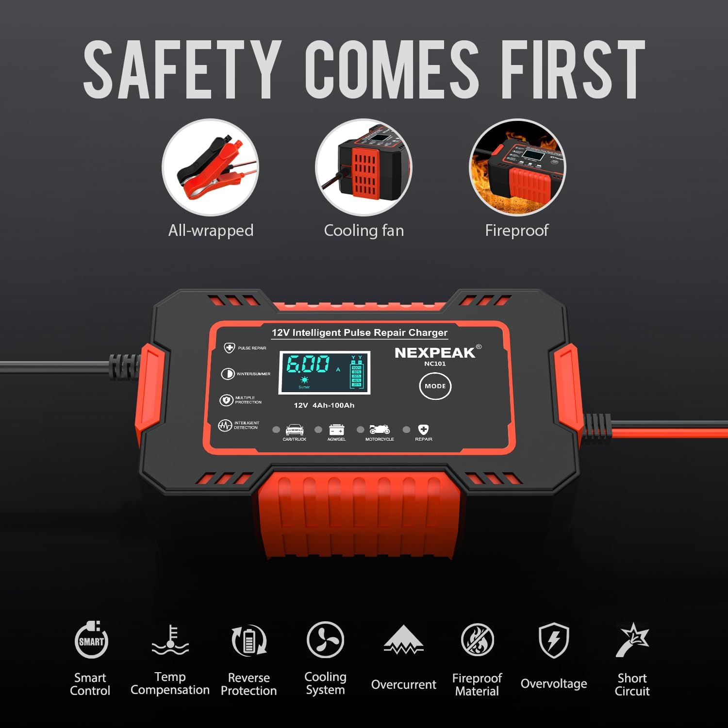 6-Amp Car Battery Charger, 12V Smart Fully Automatic Battery Charger with Temperature Compensation (Yellow)