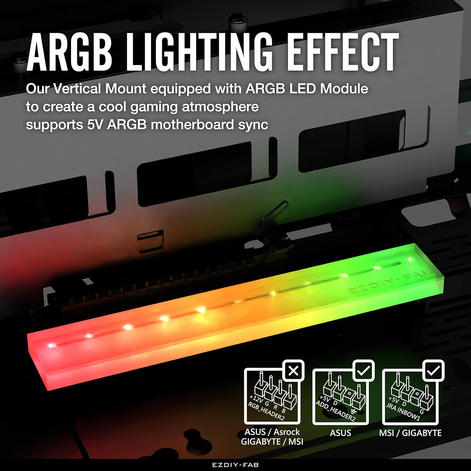 EZDIY-FAB Pcie 4.0 GPU Mount Bracket Graphic Card Holder Multi-Angle Adjustment with 5V 3 Pin ARGB LED Module, Video Card VGA Support Kit with Pcie 4.0 X16 Gen4 17Cm/6.69In Riser Cable - Black image number 3