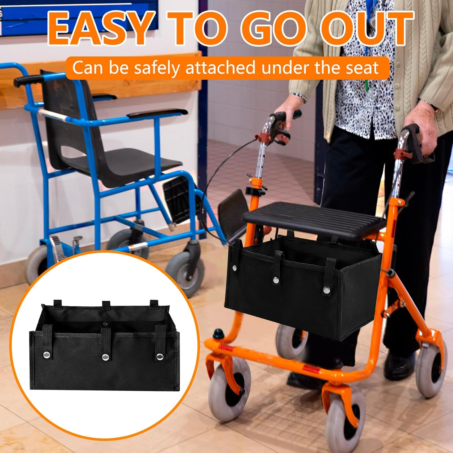 2Pcs/1Pc Large Rollator Walker Basket Foldable Walker Basket Oxford Cloth under Seat Rollator Bag for Four Wheel Rollator Reusable Basket Carry Insert under Seat Medical Basket (1 Pc) - 1 Pc image number 6