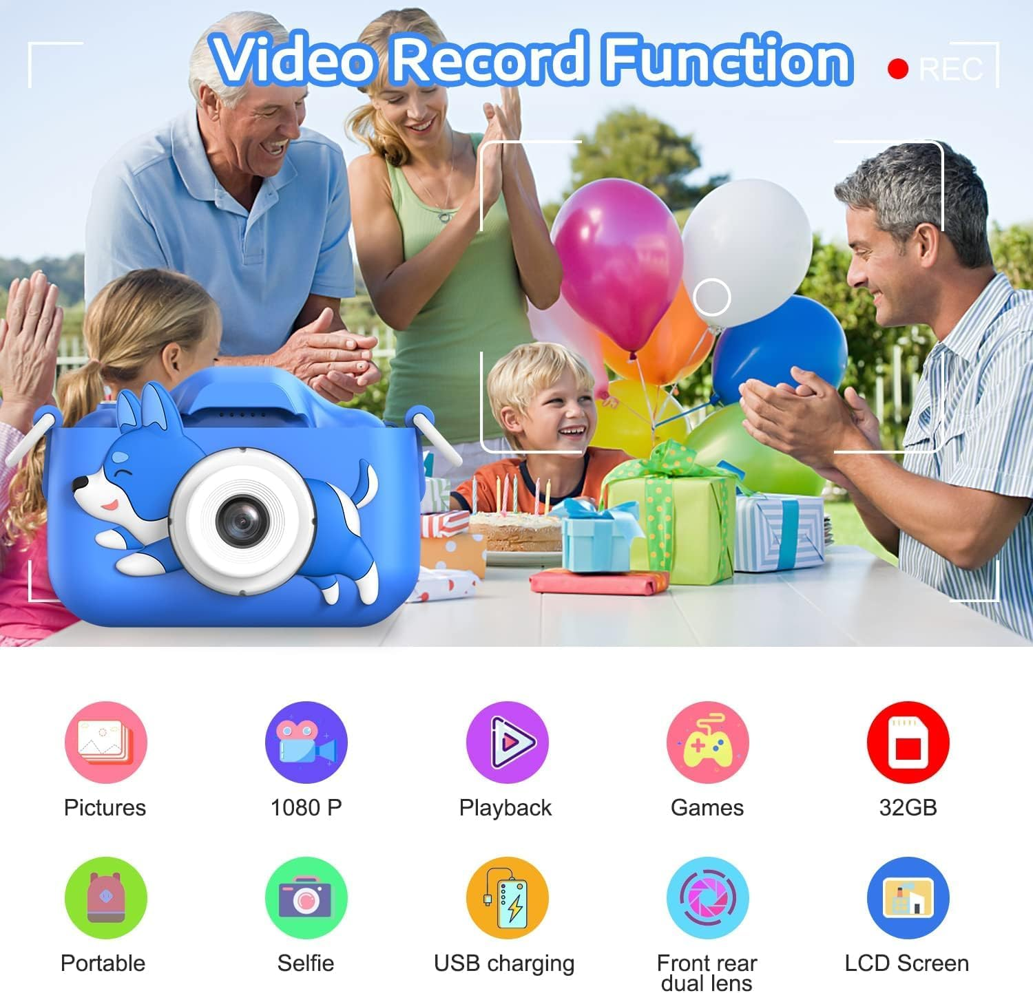 ZONEY Kids Camera Toy for 3 4 5 6 7 8 9 10 11 12 Years Old Boys Girls, Children Digital Video Camera with Cute Cover, Christmas Birthday Gifts for Toddler Age 3-12, 32GB (Blue Dog) image number 4